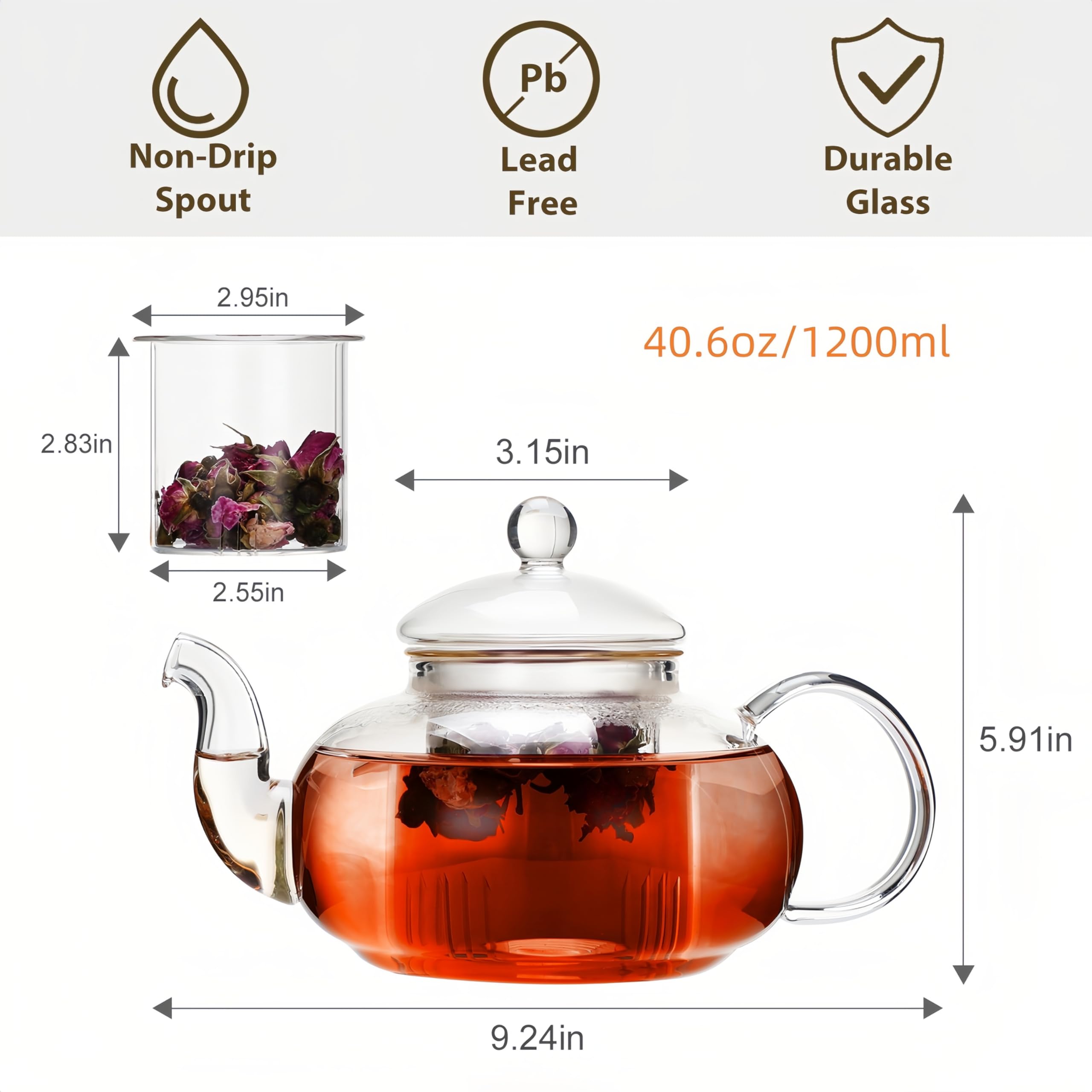 Cnglass 1200Ml Glass Teapot With Removable Infuser,Stovetop Safe Tea Kettle,Blooming & Loose Leaf Tea Pot