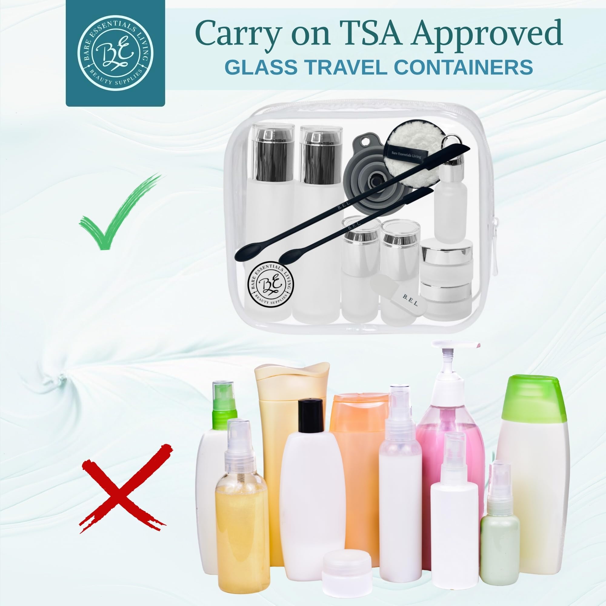 14 Pcs Travel Skincare Containers Set-Tsa Approved Toiletry Bag & Glass Travel Bottles For Toiletries Pump, Spray & Dropper Bott