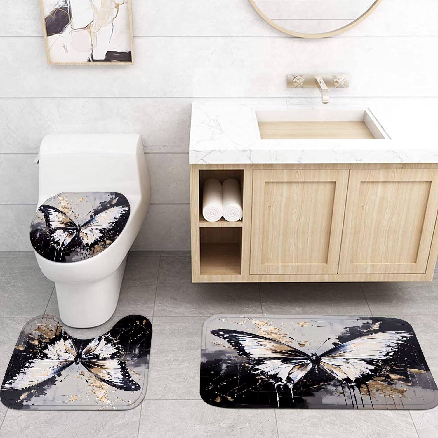 Pretyw 4 Pcs Black Butterfly Shower Curtain Set With Rugs Grey And Gold Bathroom Set Modern Bathroom Accessories Decor With Bath