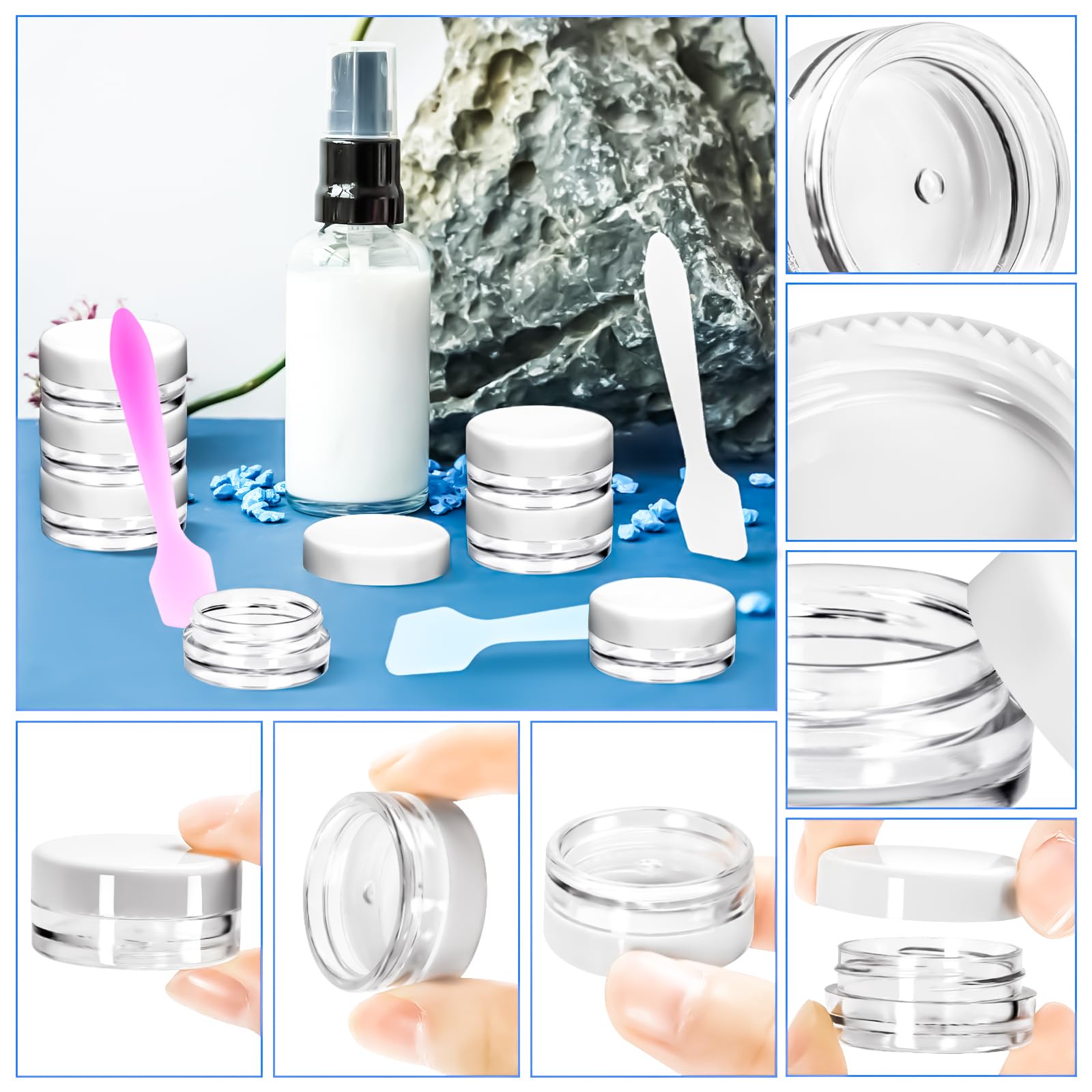 Motbach 100 Pcs 3G Empty Plastic Containers With White Lids,Tiny Makeup Sample Containers, Small Pot Jars Clear Round Cosmetic J