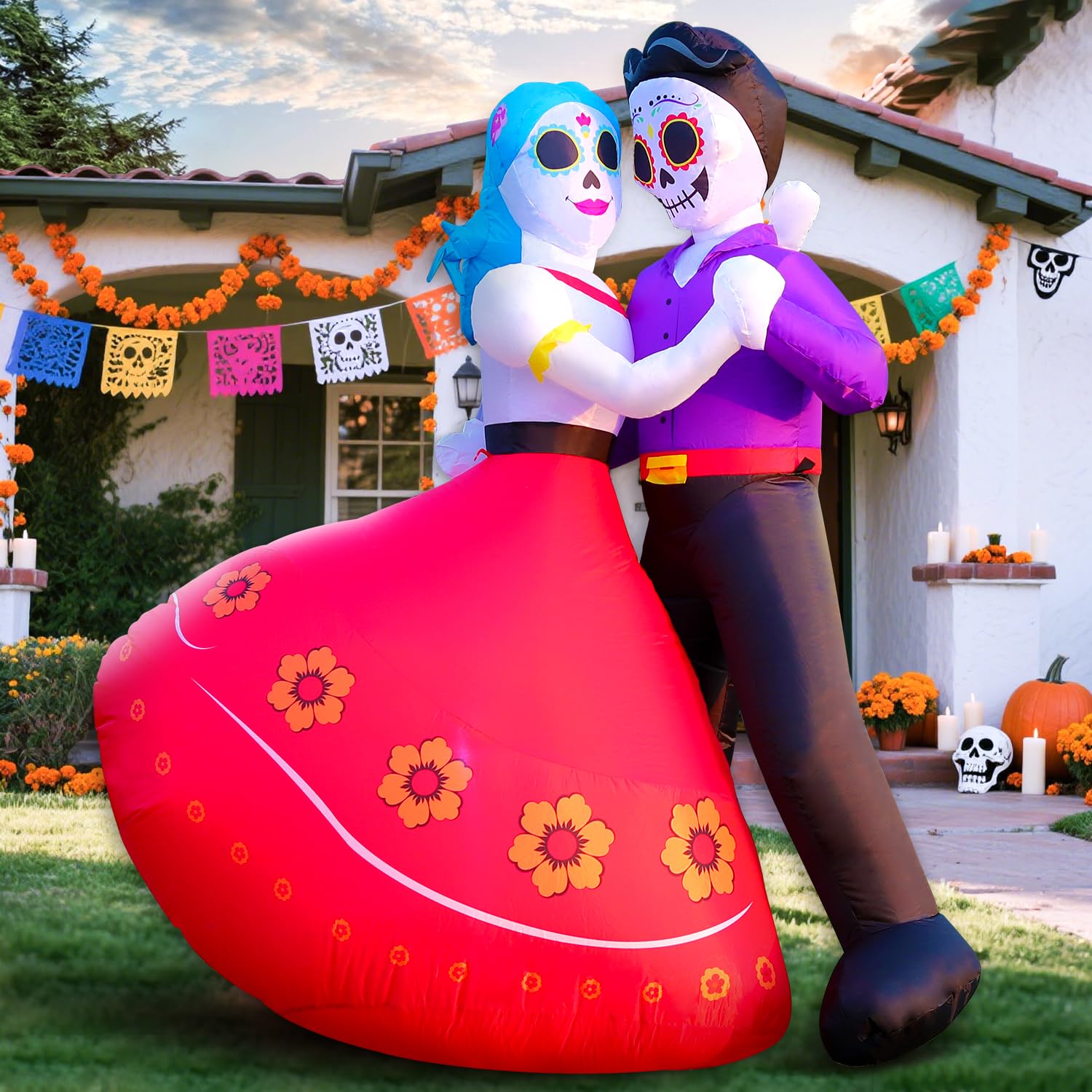 DomKom Halloween Inflatable Blow Up Decorations, Dia de Los Muertos 6FT Day of Dead Catrina Sugar Skull Couple Dancing, Built-in