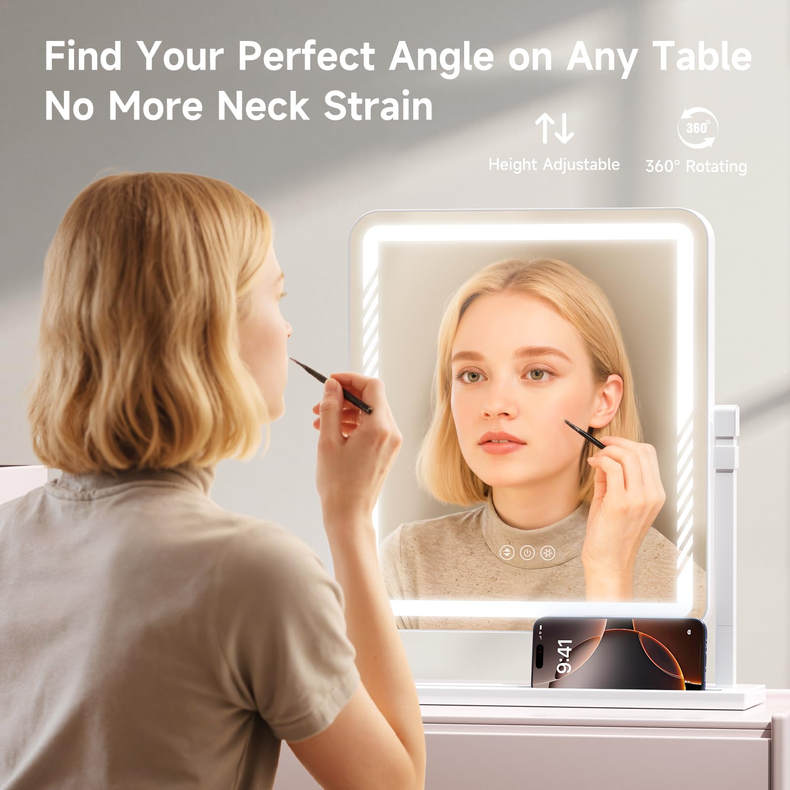 Kcavvi Vanity Mirror with Lights, Height-Adjustable & 360 Rotation, 1/10X Magnification, Three Color Lighting Modes, Makeup Mirr