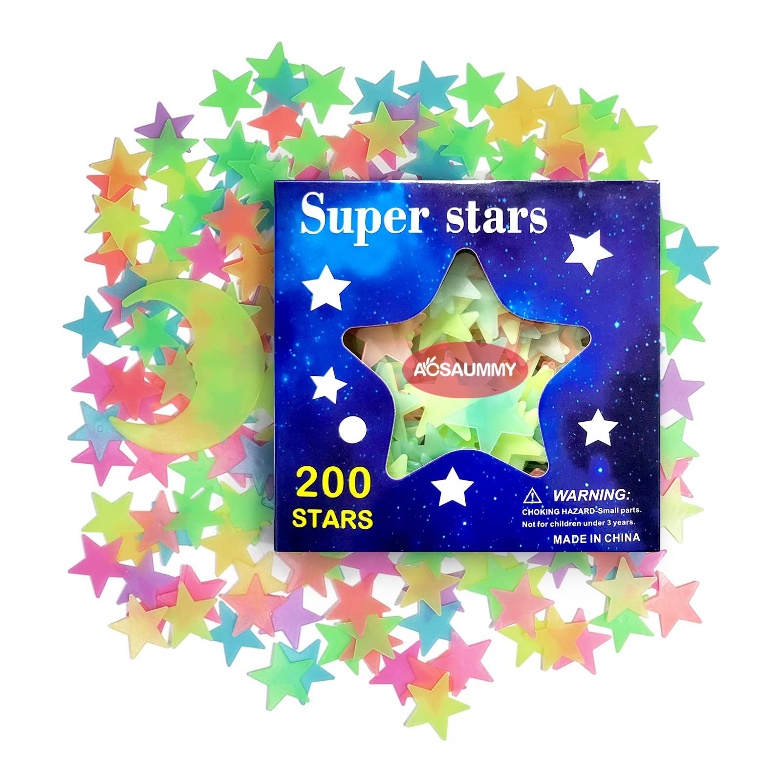 Glow In The Dark Stars Stickers, Acsaummy 201Pcs Colorful Super Bright Plastic Large Glow In The Dark Stars For Ceiling Wall Dec