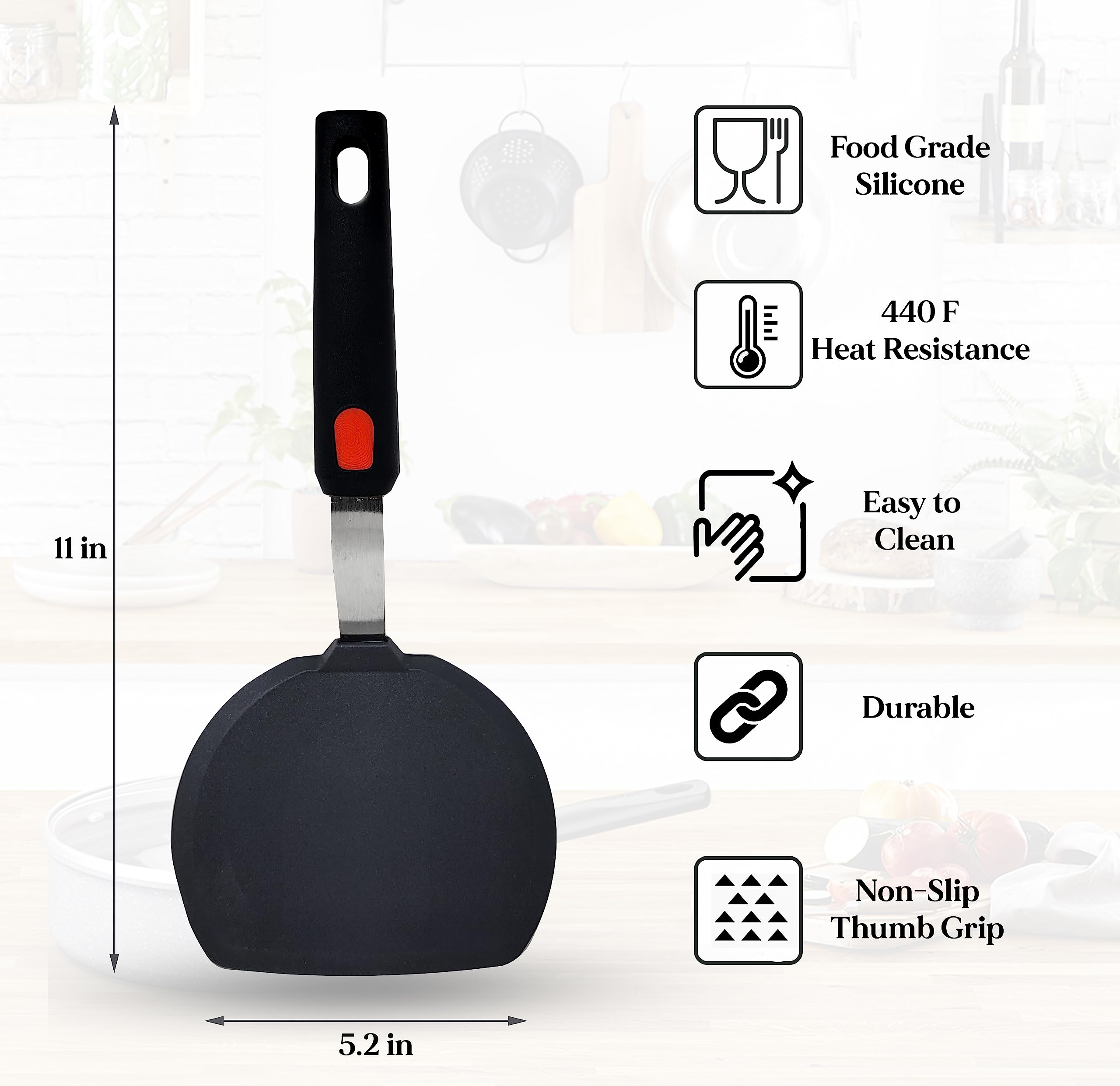 Pancake Spatula | Wide Silicone Pancake Flipper With Curved Handle | Heat Resistant Non-Stick Cooking Tool | Zero-Bpa, Food-Grad