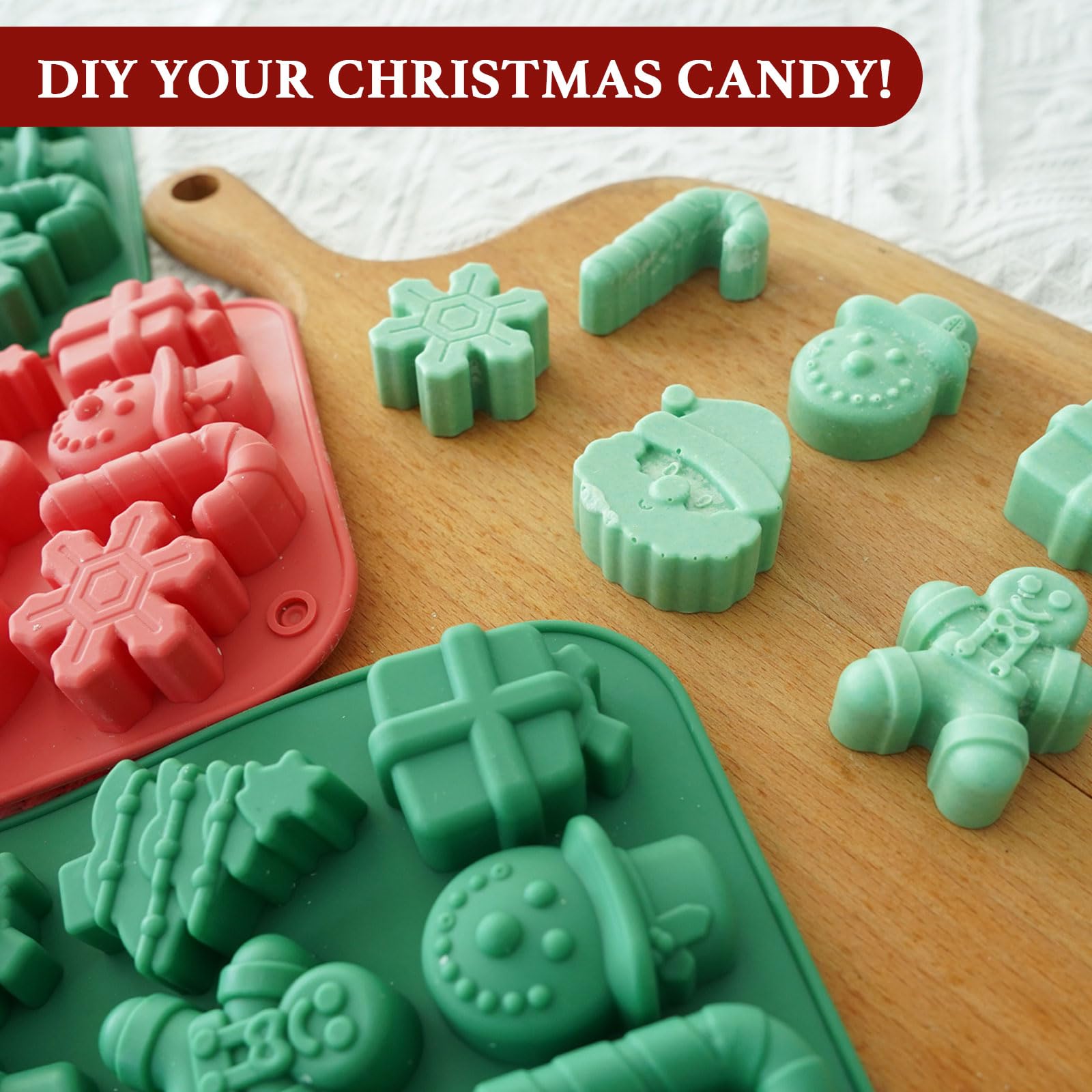 HKNMTT Christmas Silicone Chocolate Molds, 4 PCS Candy Baking Moulds, 3D Snowflake Cane Snowman Xmas Tree Gingerbread Man Santa