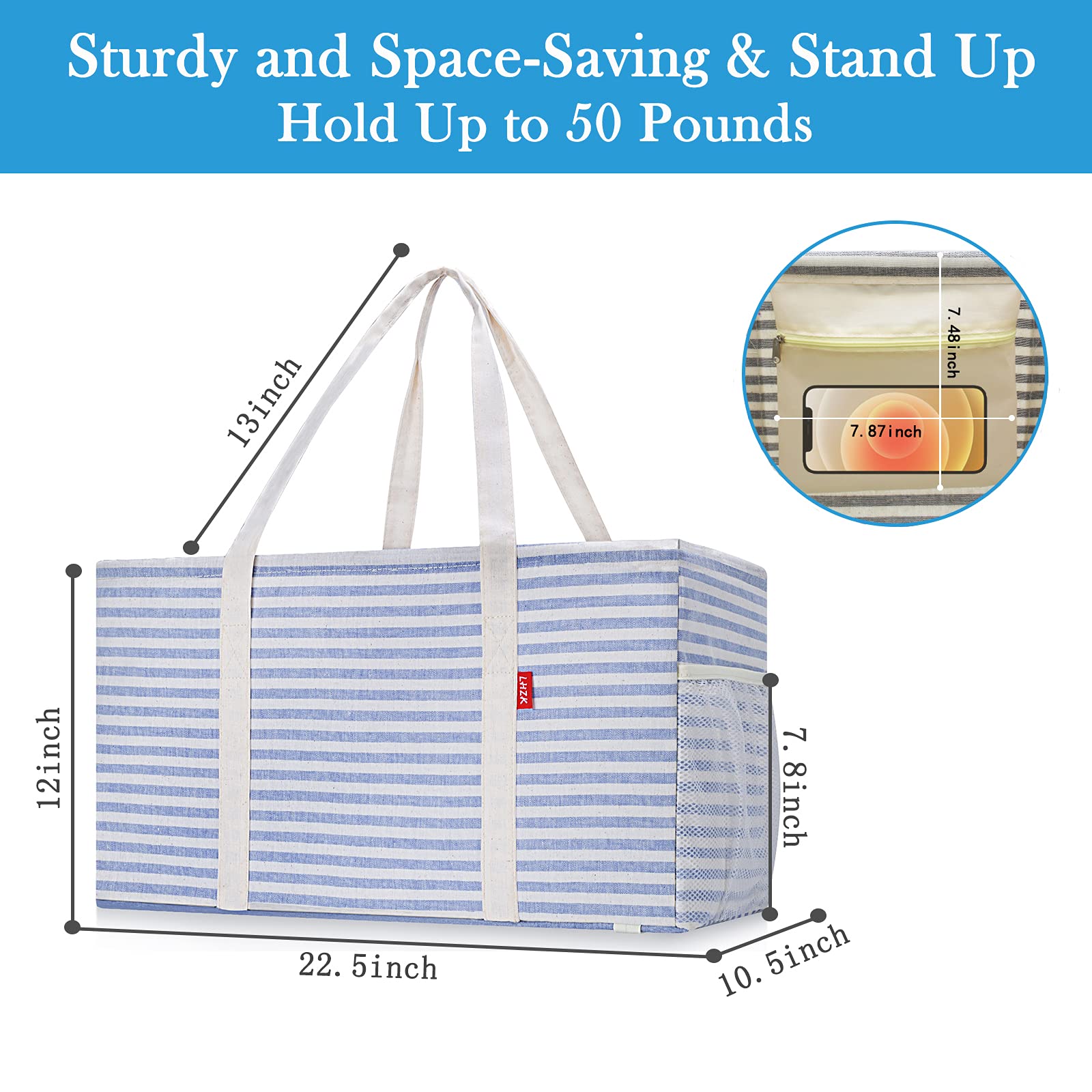 Lhzk Standing Extra Large Utility Tote Bag With Metal Wire Frame And The Sides Rinforced, Large Collapsible Tote (Blue)
