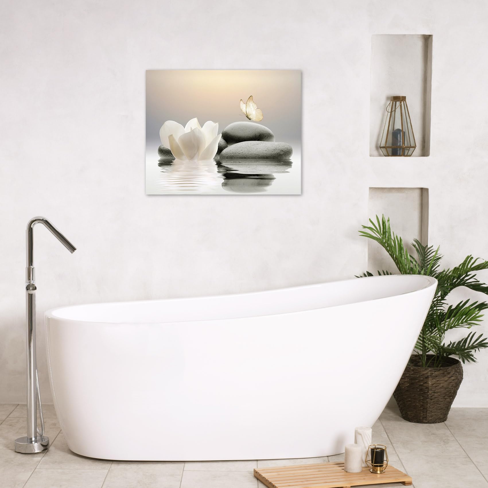 Eobtain Zen Stone Canvas Wall Art White Flower And Yellow Butterfly On Lake Wall Art For Bathroom Living Room Bedroom Modern Spi