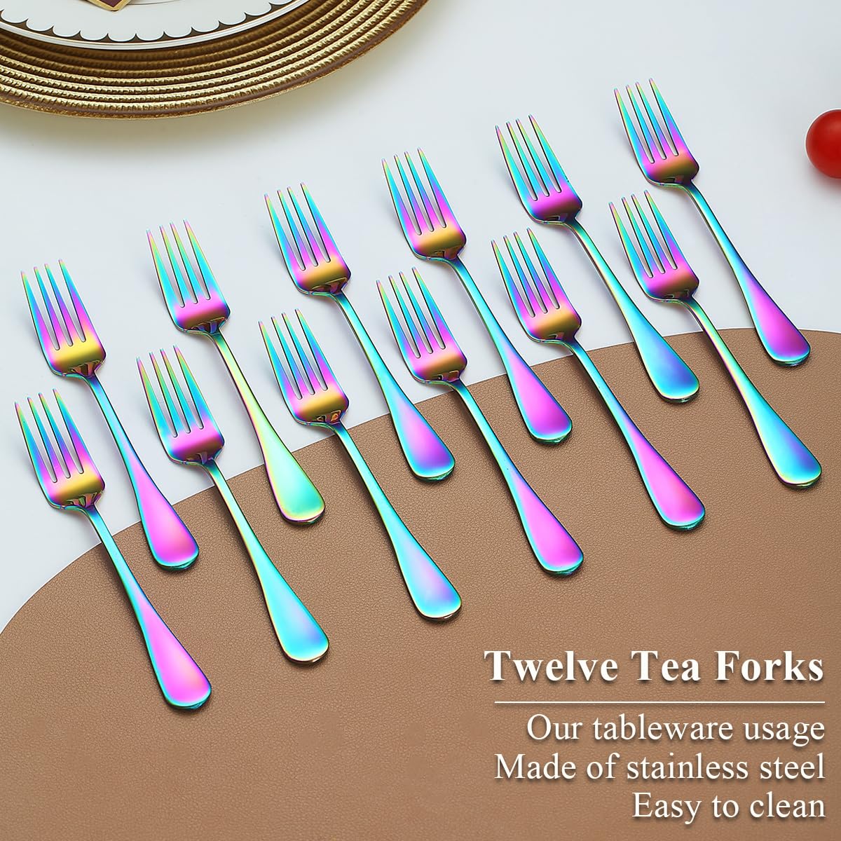 Evanda Rainbow Dessert Forks Set of 12 Pack 5.62''  Rainbow Titanium Plating Pastry Fork  Appetizer Fork for Fruit  Cake  Cheese  Party Trips  Cafes  Restaurants  Easy To Clean  Dishwasher Safe