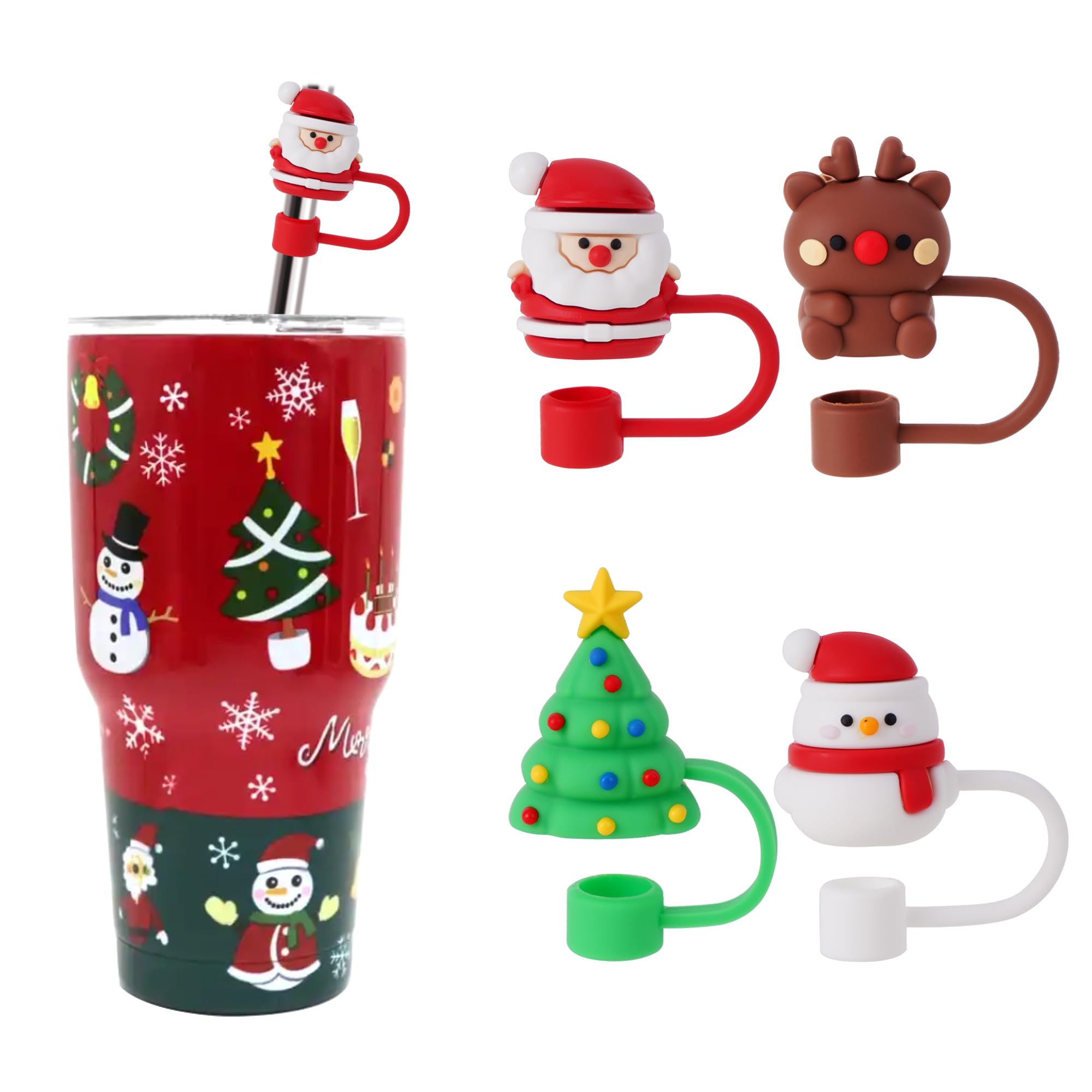 Avky 4 Pcs Christmas Straw Cover Cap For Stanley Cup, 10Mm 0.4In Stanley Accessories Xmas Straw Toppers Cap With 30&40 Oz Tumble
