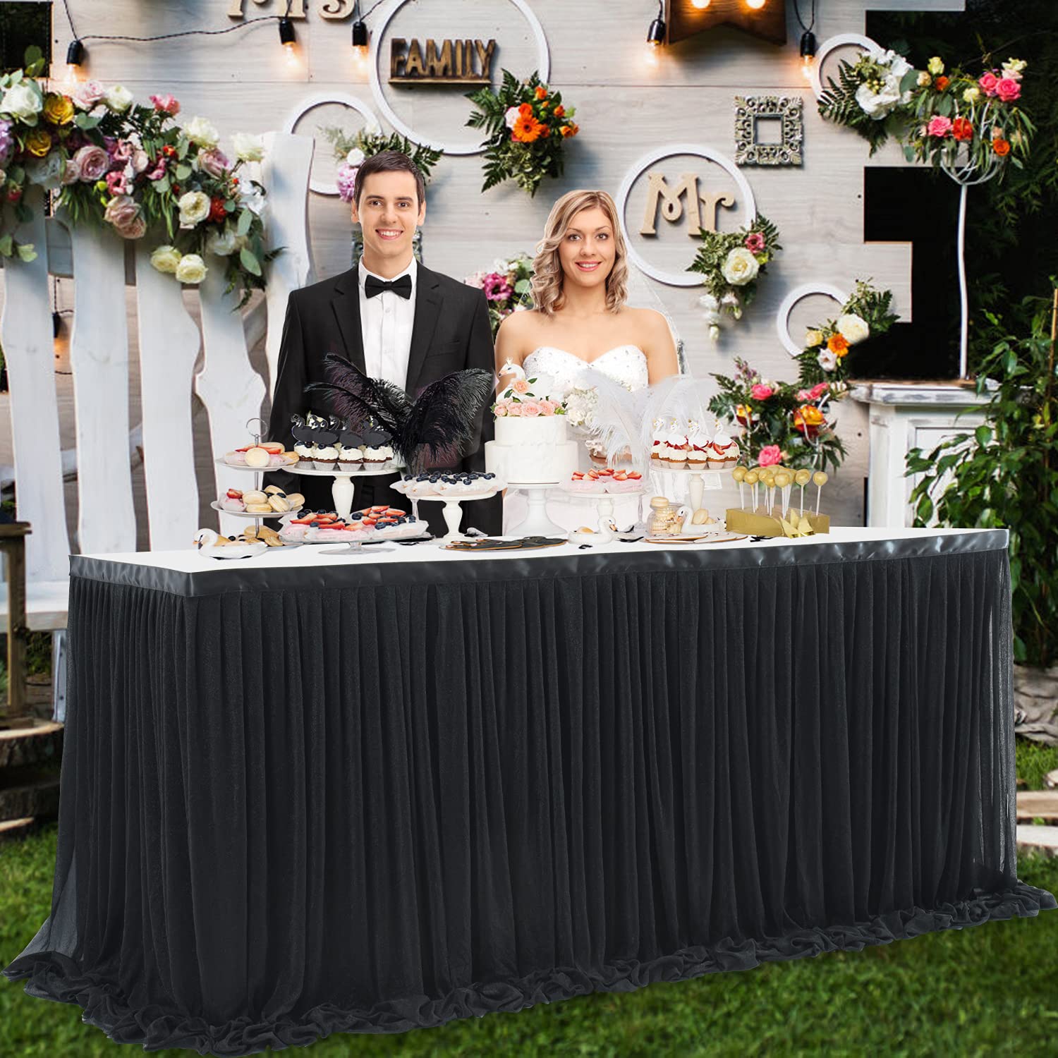 Suppromo 9Ft Black Tulle Table Skirt For Rectangle Table Or Round Table Tutu Table Skirt For Birthday Party Baby Shower Wedding