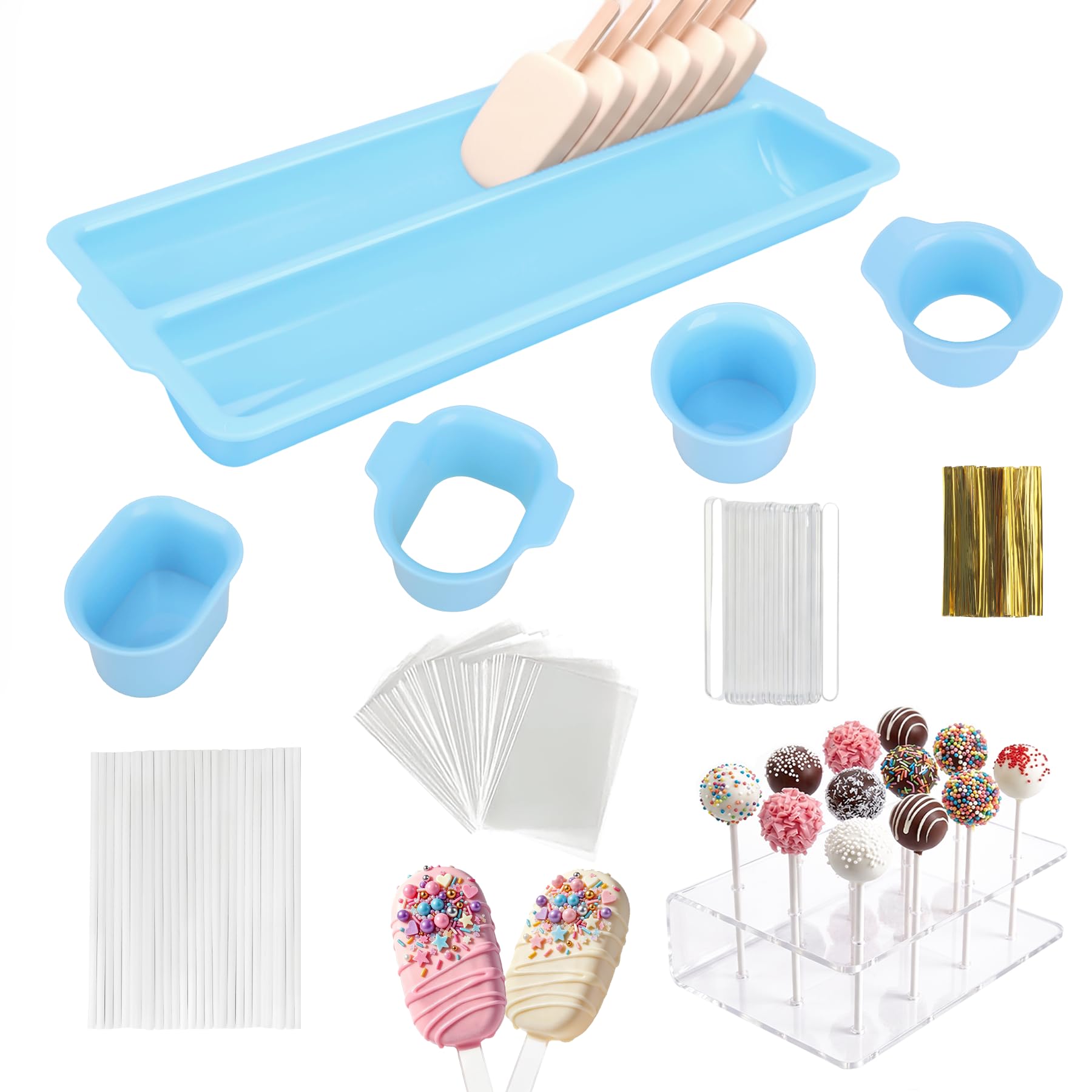 Antner Cake Pop Mold Set Complete with Double Tray, Round & Oval Cake Pop Cutter and Pusher (Blue), Acrylic Stand, 20 Sticks, 10