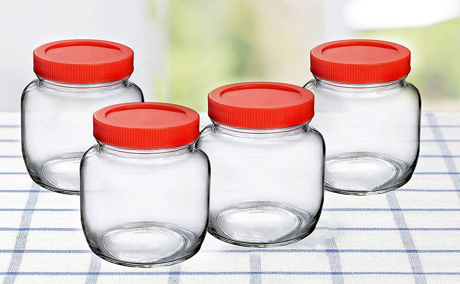 Feelopie Aahar Jar with Red Lid for Lentils, Food, Pickles, Spices, Sweets, Snacks, Rice, Kitchen Storage (250ml, Set Of 4)
