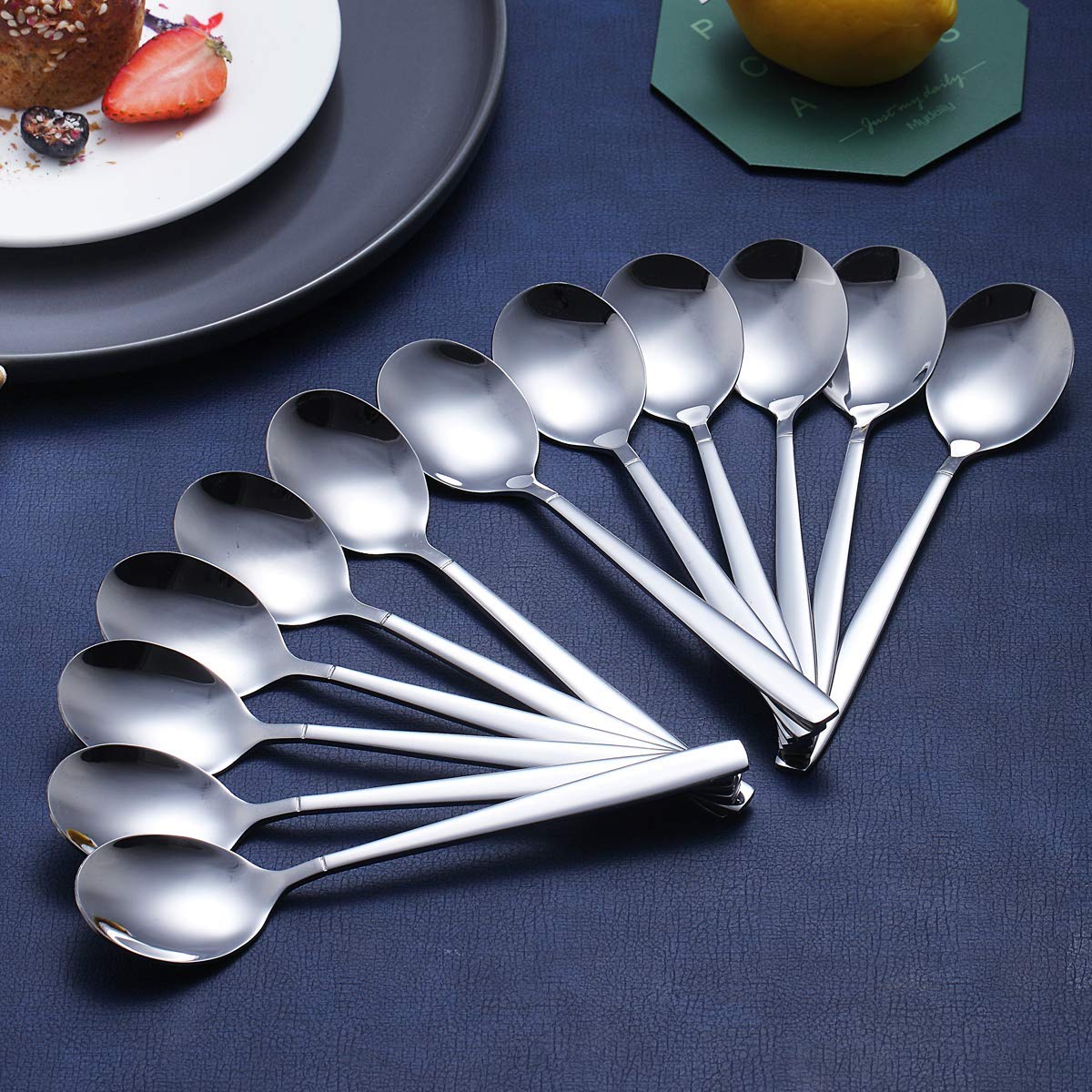 Berglander Dinner Spoon Of 12, Stainless Steel Soup Spoons Silverware, Shiny Modern Soup Spoon Table Spoon Set Dishwasher Safe