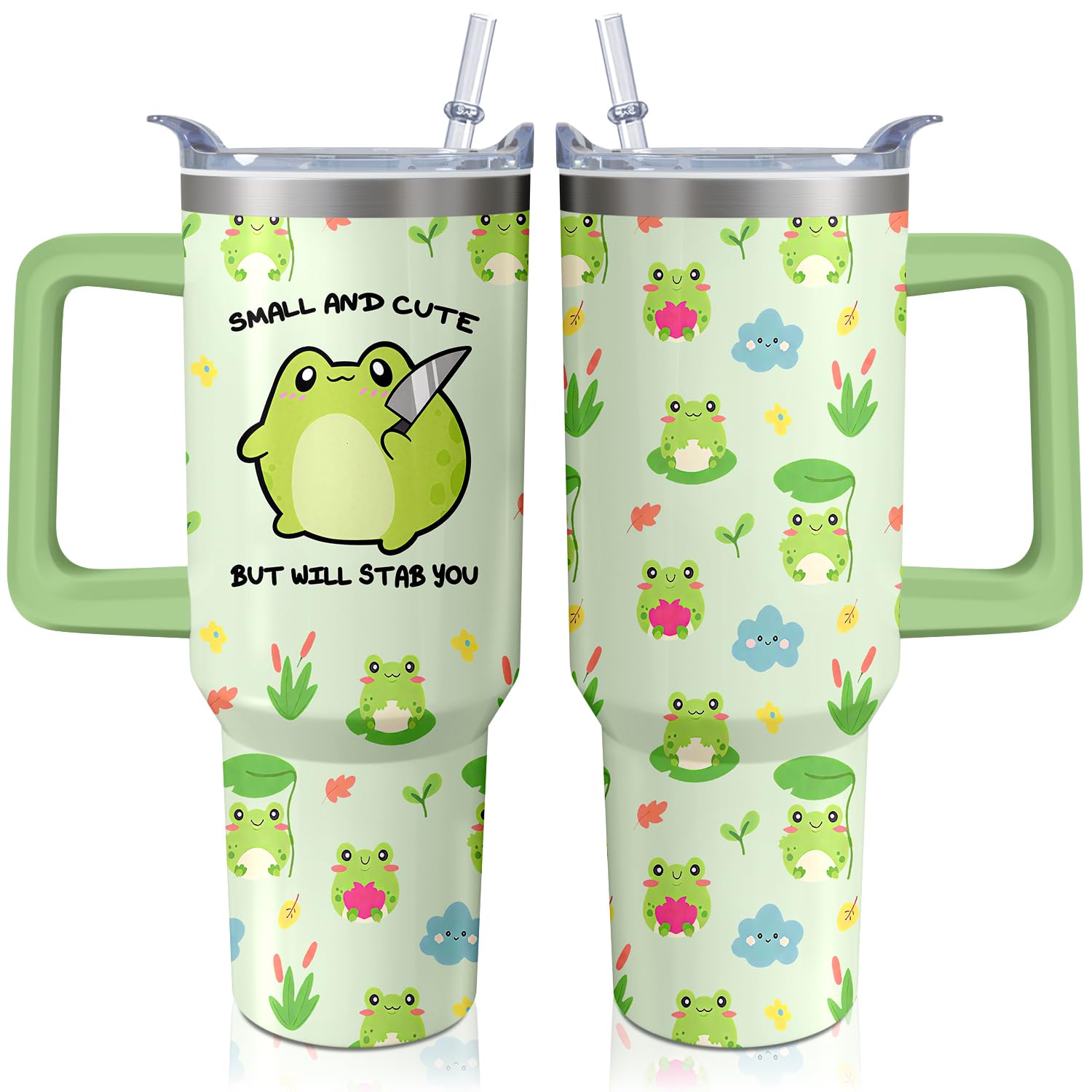 Xchearser Frog Tumbler with Handle and Straw, 40oz Travel Coffee Mug Water Bottle with Lid, Stainless Steel Insulated Cup, Birth