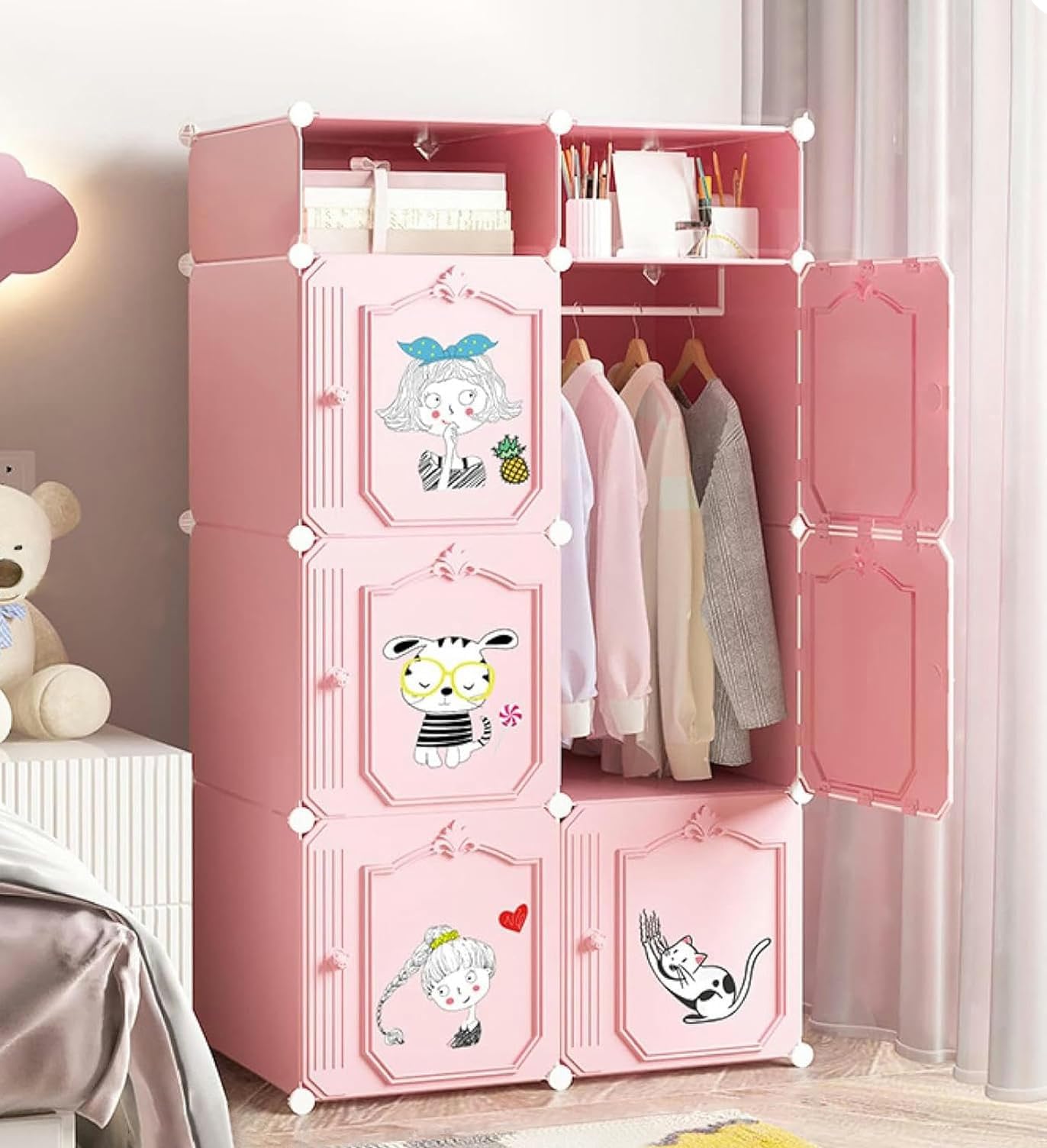Zemic Collapsible Wardrobe For Clothes - Diy   Plastic Almirah For Clothes With Doors, Side Hanger, Foldable Wardrobe For Storag