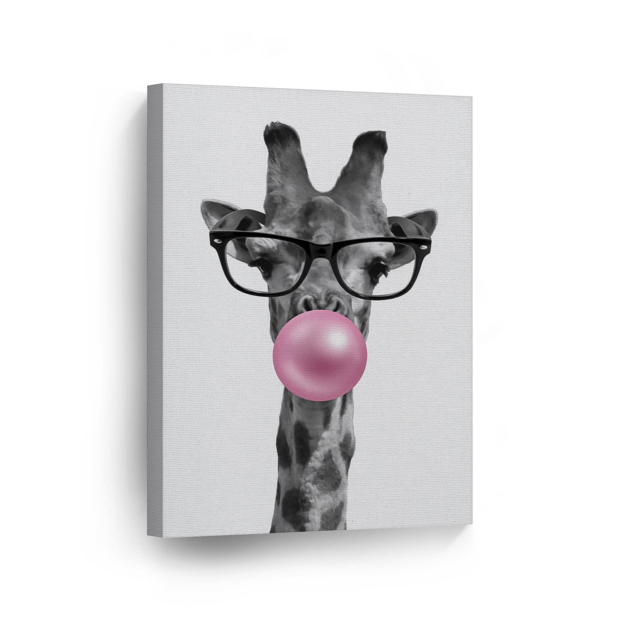 Smile Art Design Cute Giraffe With Glasses Animal Bubble Gum Art Pink Canvas Print Black And White Wall Art Home Decor Pop Art L