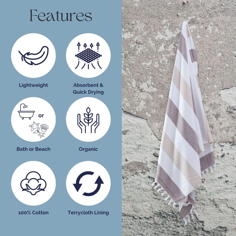 Infusezen Terry Cloth Lined Turkish Bath & Beach Towel - Striped Design - 100% Organic Turkish Cotton - Soft, Lightweight, Absor