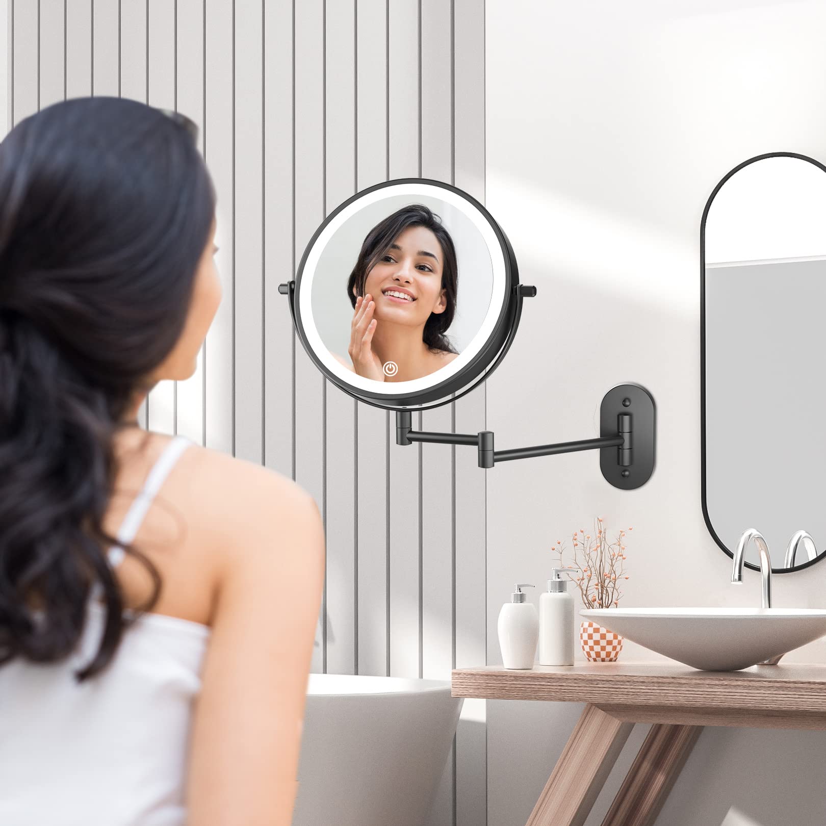 Fascinate Rechargeable Wall Mounted Lighted Vanity Mirror 8 Inch 1X/10X Magnifying Makeup Mirror With 3 Color Lights, Double Sid