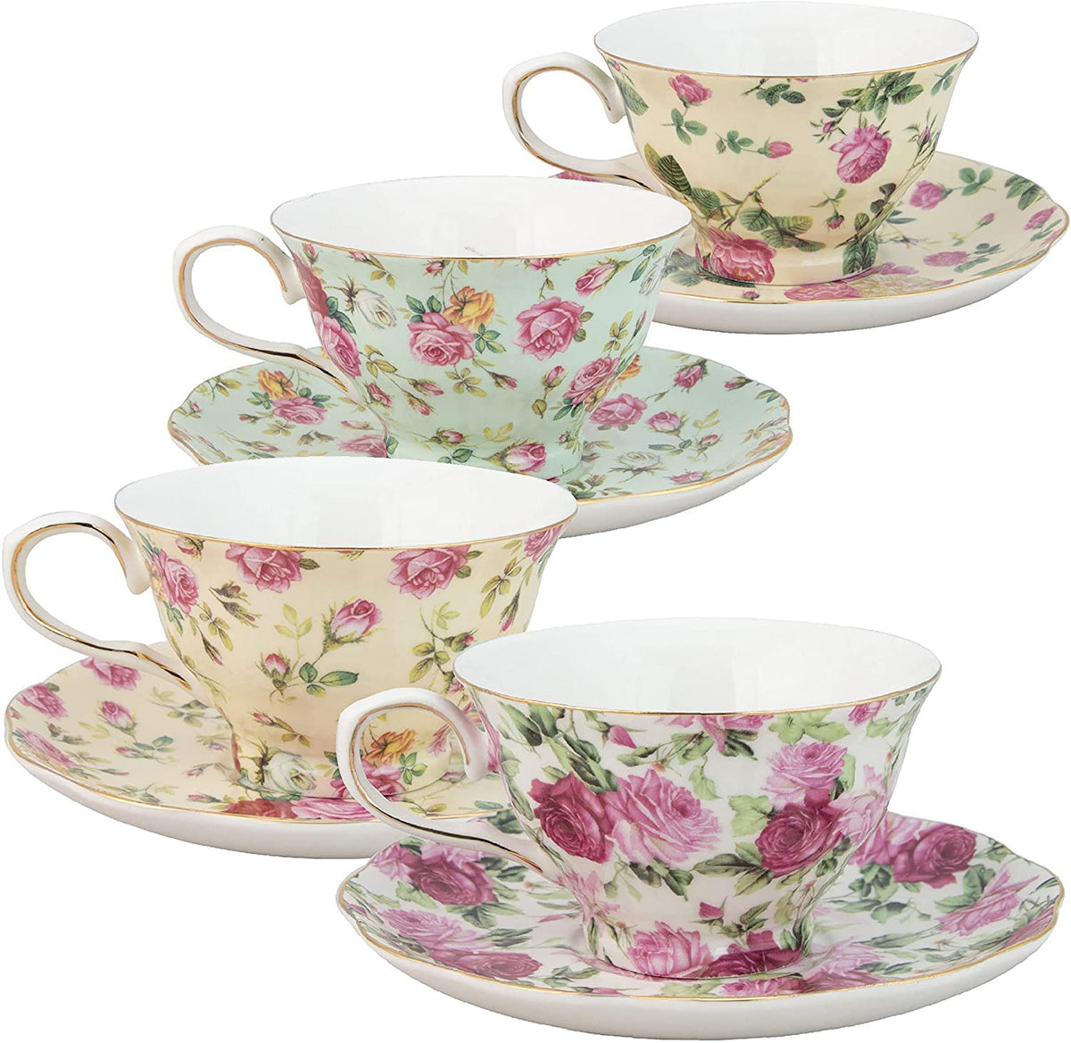 Gracie China By Coastline Imports Rose Chintz 8-Ounce Porcelain Tea Cup And Saucer, Set Of 4
