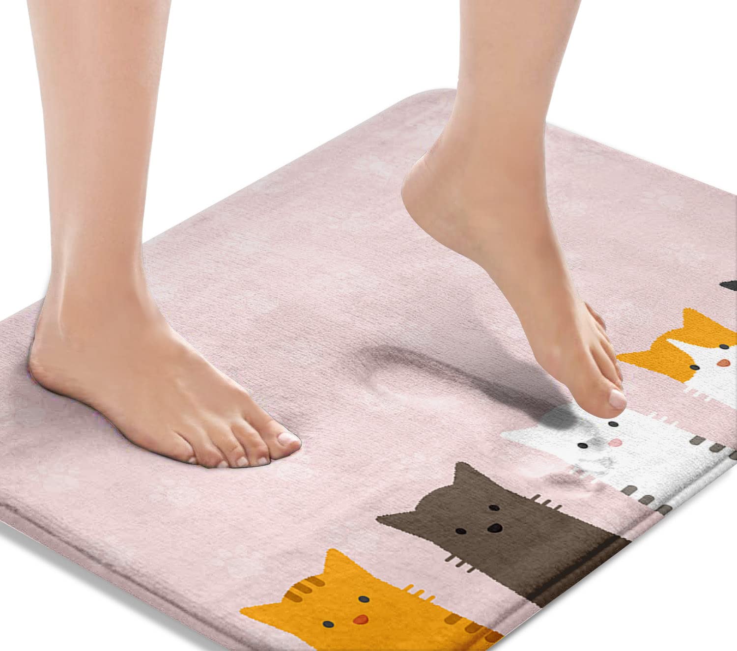 Pink Bath Mat,Lovely Colorful Cat Portrait Bathroom Rugs No Silp,Cartoon Cute Cat'S Paws Background Washable Cover Floor Rug Car