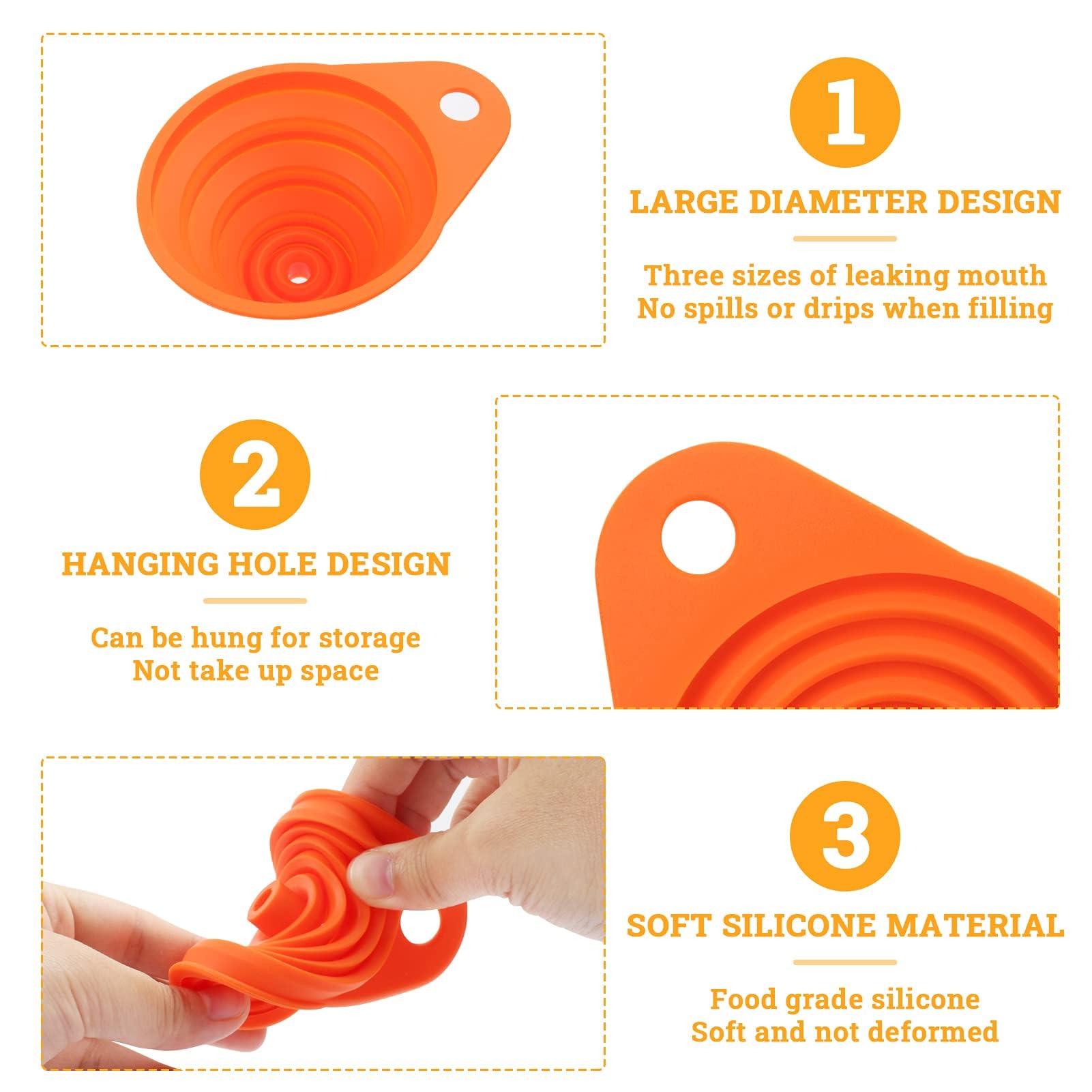 Kufung Kitchen Funnel Set 4 Pack - Food Grade Silicone Funnels For Kitchen Use, Filling Bottles - Small Funnel, Space-Saving Des