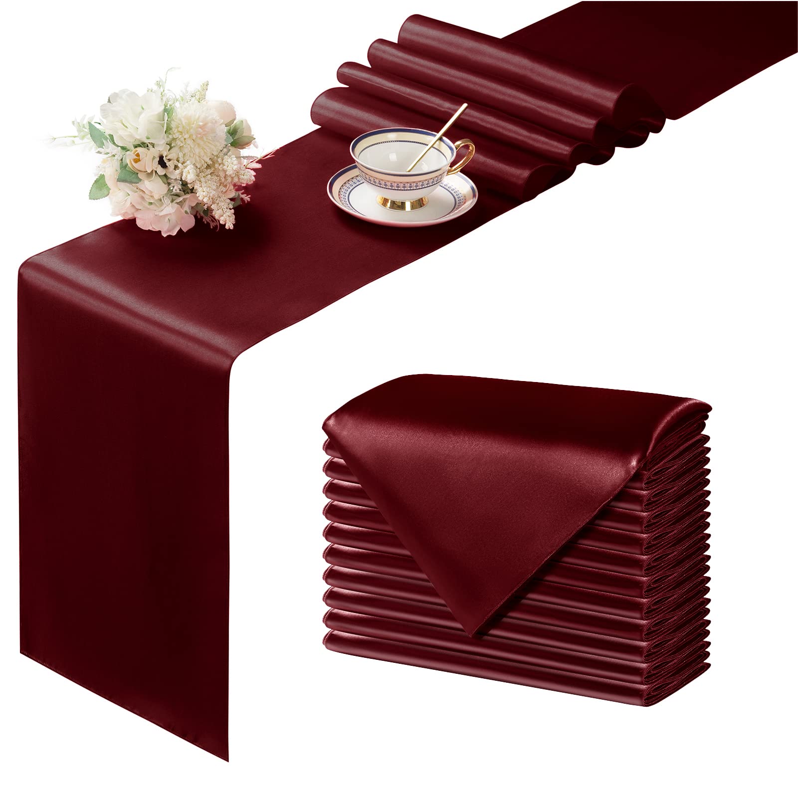 Manyshofu 12Pcs Satin Maroon Table Runner - 12 X 108 Inch Long Size, Party Table Runner Decor Bright & Smooth Wedding Decoration