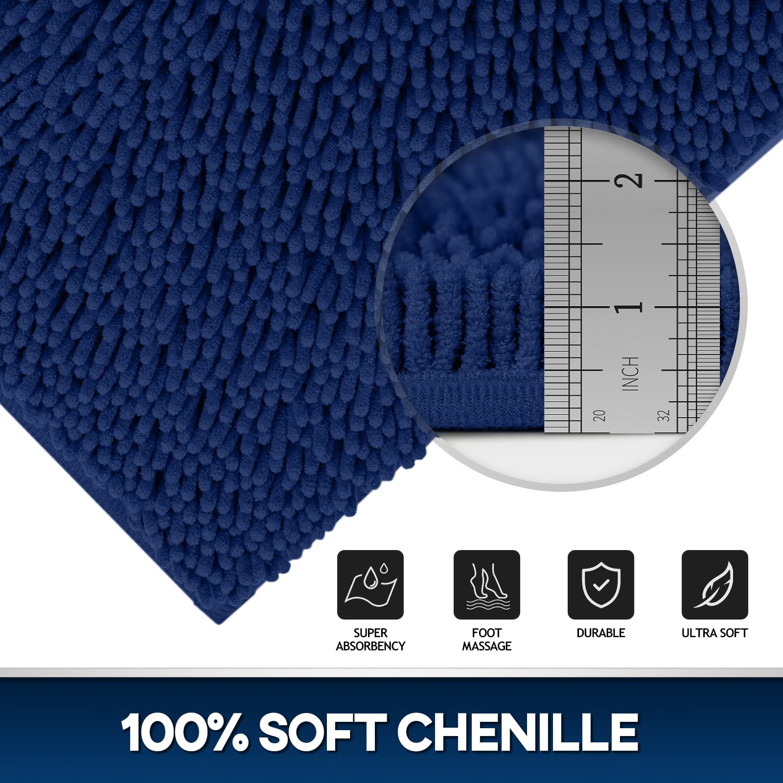 TREETONE Chenille Bath Mat 3 Pieces Bathroom Rugs Set  20x20 Inches U-Shape Contoured Toilet Mat & 20x32Inches Rug & 1 Lid Cover Soft Water Absorbent Plush Rugs for Tub Shower & Bath Room -Navy Blue