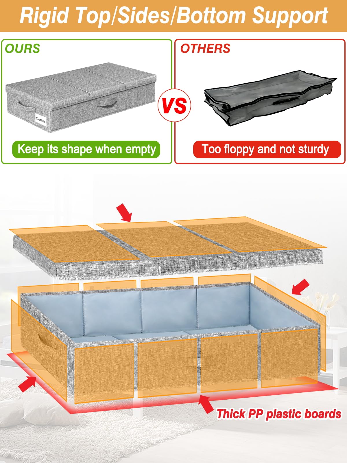 punemi Under Bed Storage With Lids, 2 Pack Large Underbed Storage Containers Clothes W/ 3 Handles, Foldable Low Profile Stackabl