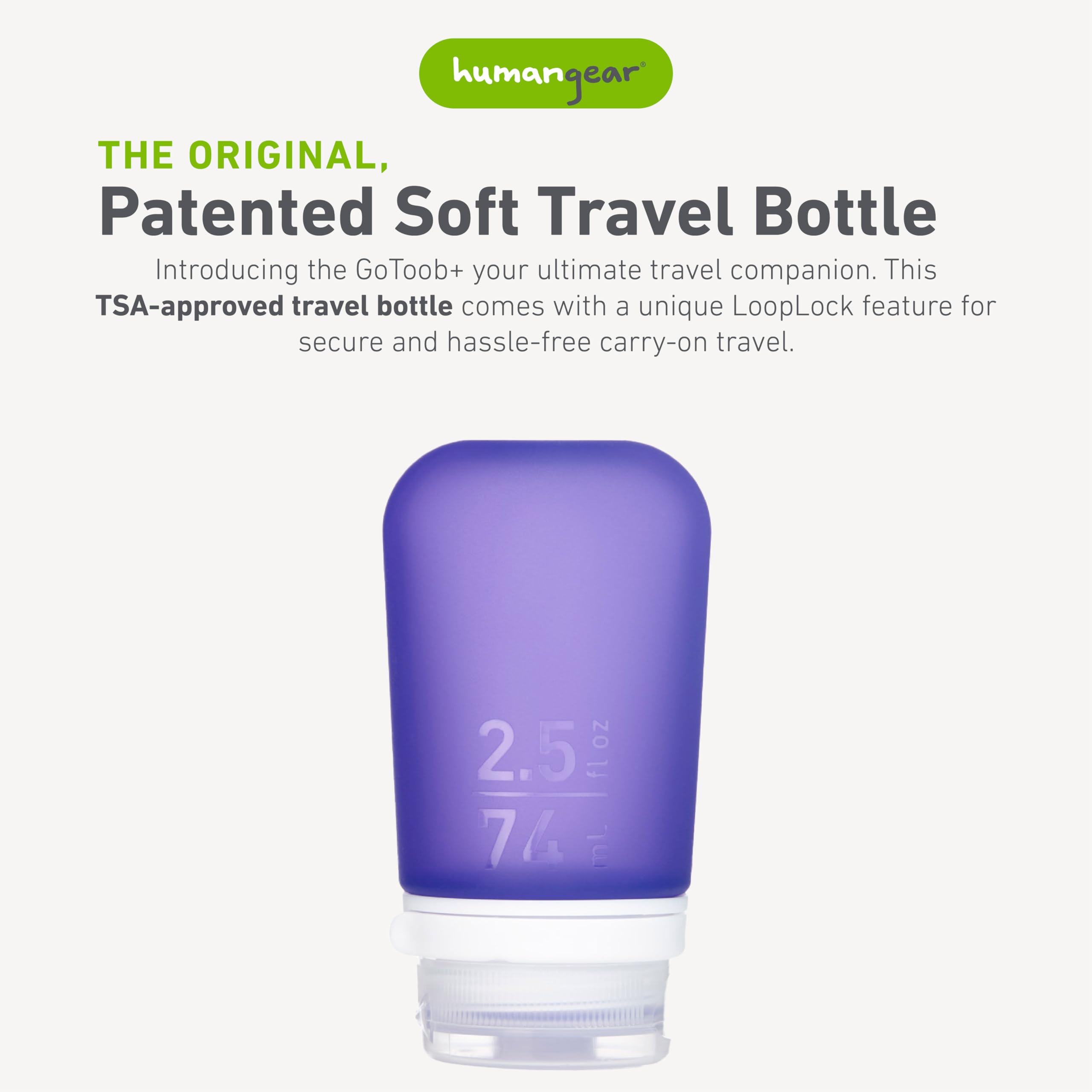 Humangear Gotoob+ (Medium) | Refillable Silicone Travel Bottle | Locking Lid | Food-Safe Material | Purple, Medium (2.5 Fl.Oz.;