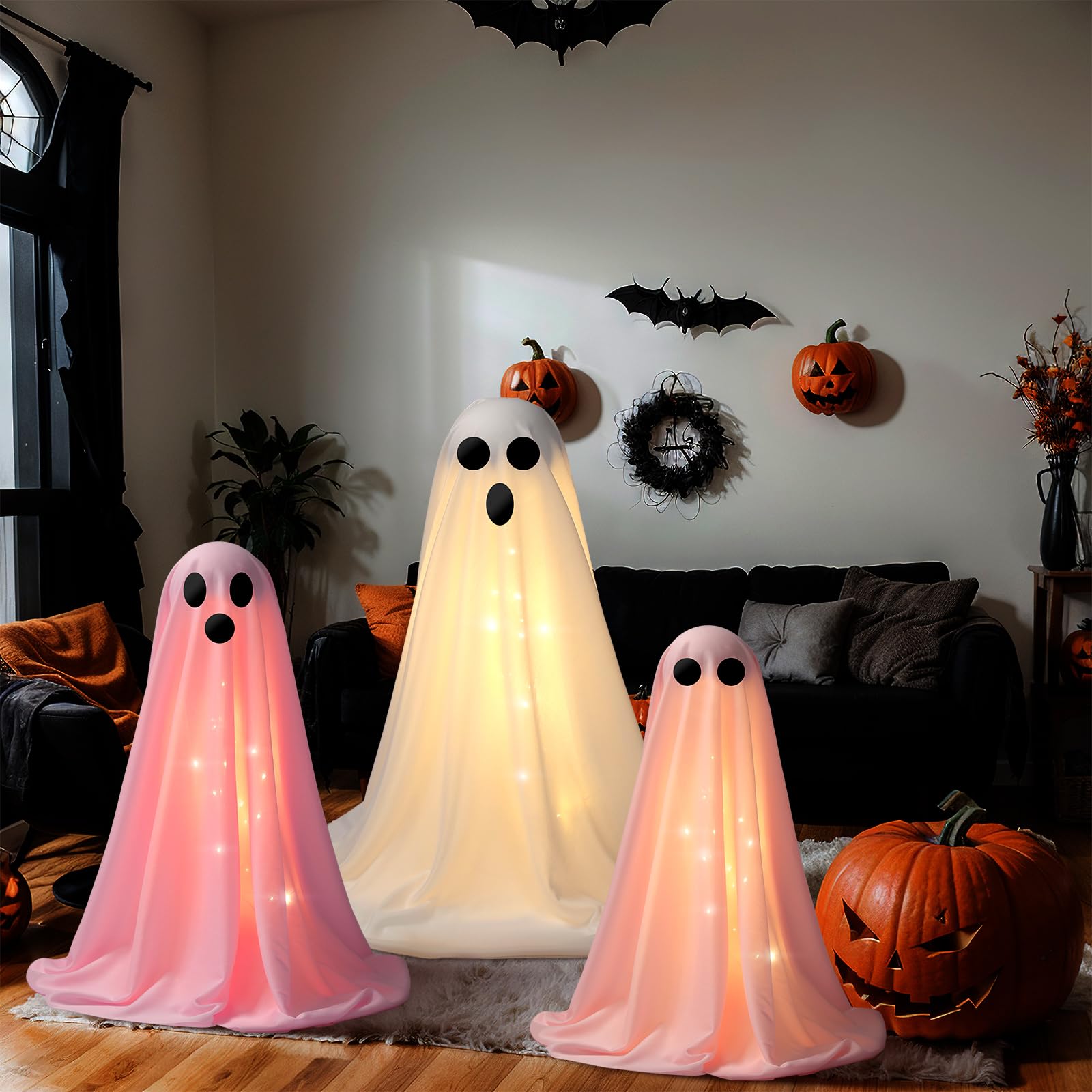 VitalCozy 3 Pack Halloween Decorations Indoor Outdoor Large Light up Spooky Ghost Cute Scary Standing Ghosts Decor with LED Ligh