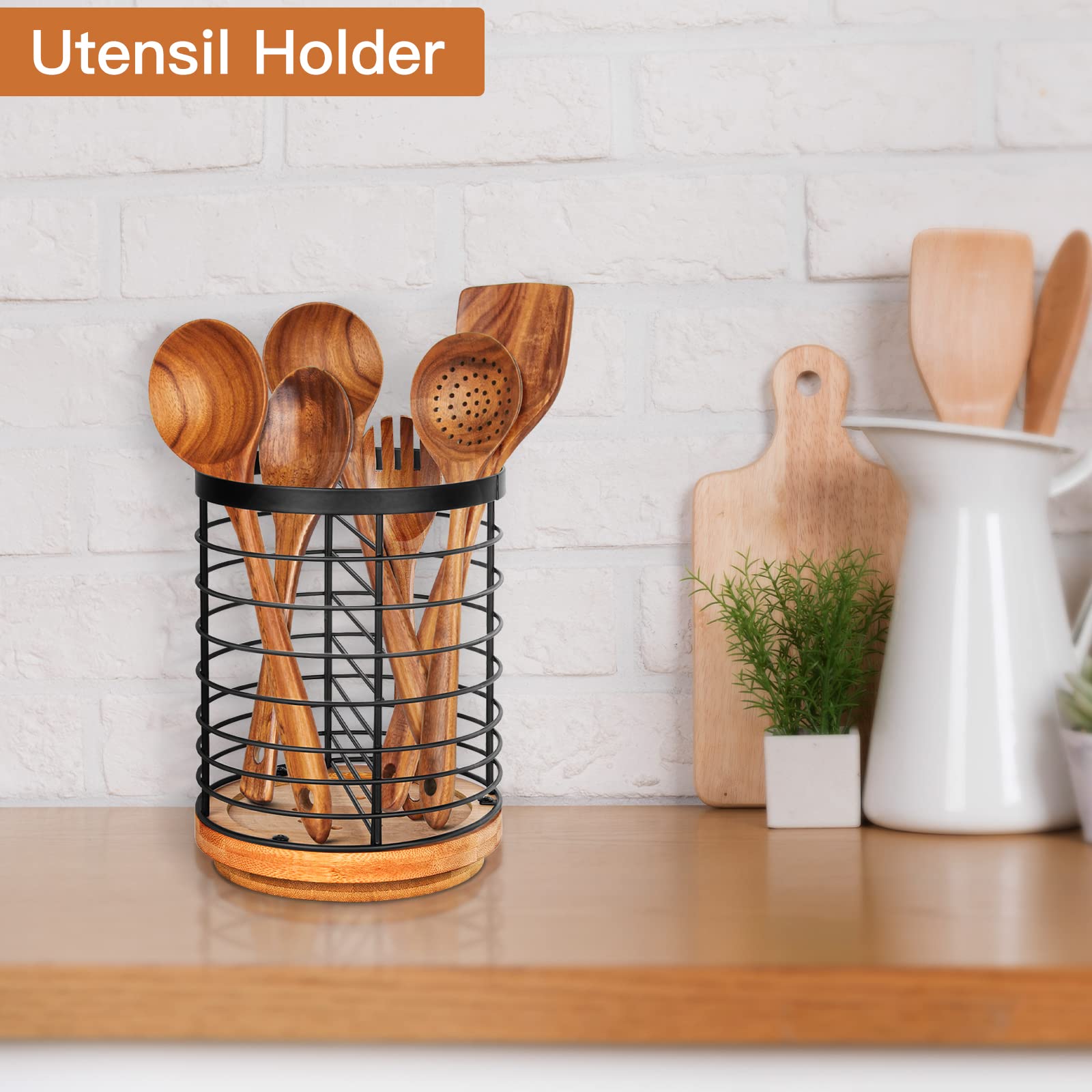 Toosci Utensil Holder For Kitchen Counter, Large Cooking Utensil Holder, Black Metal+Bamboo Base Utensil Holder, Breathable And