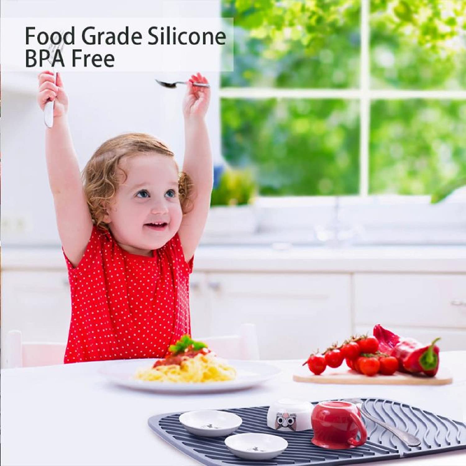 Iyyi Silicone Dish Drying Mat Large Draining Mat Foldable Drainer Mat Heat Resistant Dryer Mat Dishwasher Safe Drainboard (L+Gra