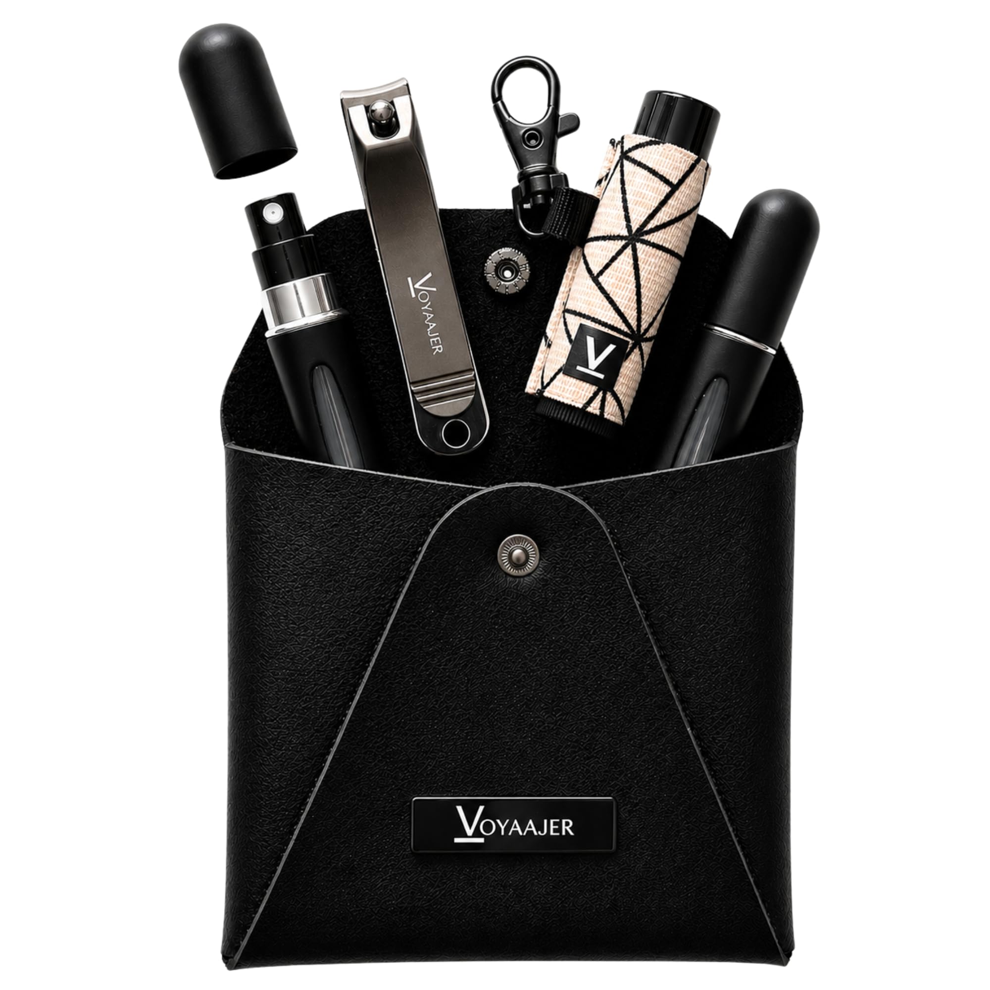 Voyaajer Noir 5 Piece Essential Set | 2Black 5ML Refillable ColognePerfume Atomizers | 1Black Vegan Leather Case | 1Beige Li