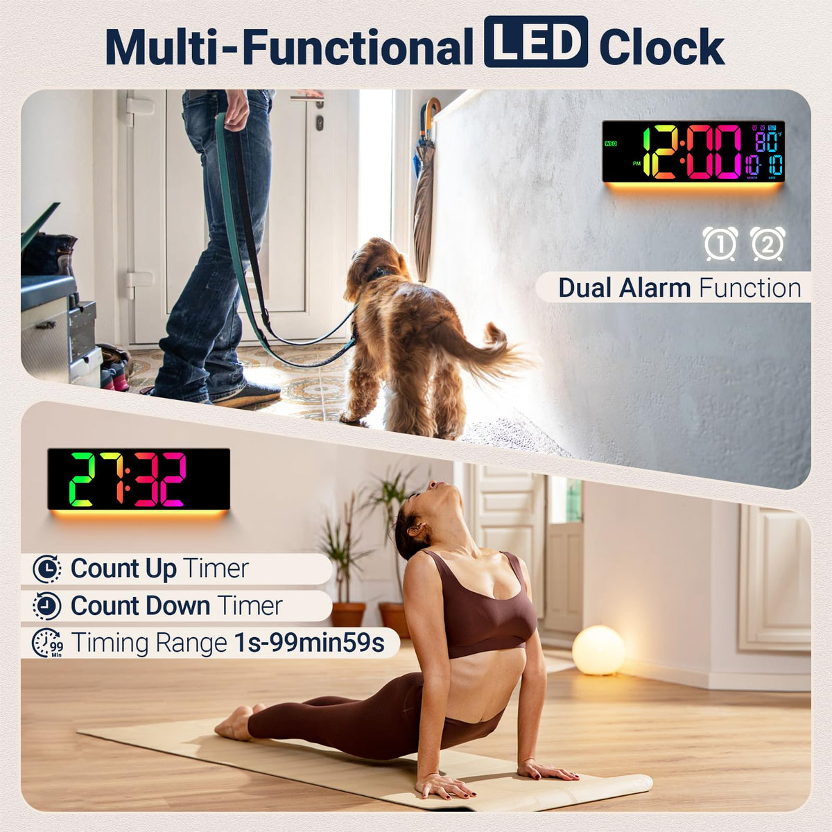 ANSOPER 16.5 Large Digital Wall Clock: 11 RGB Colors Wall Mount Decor ...