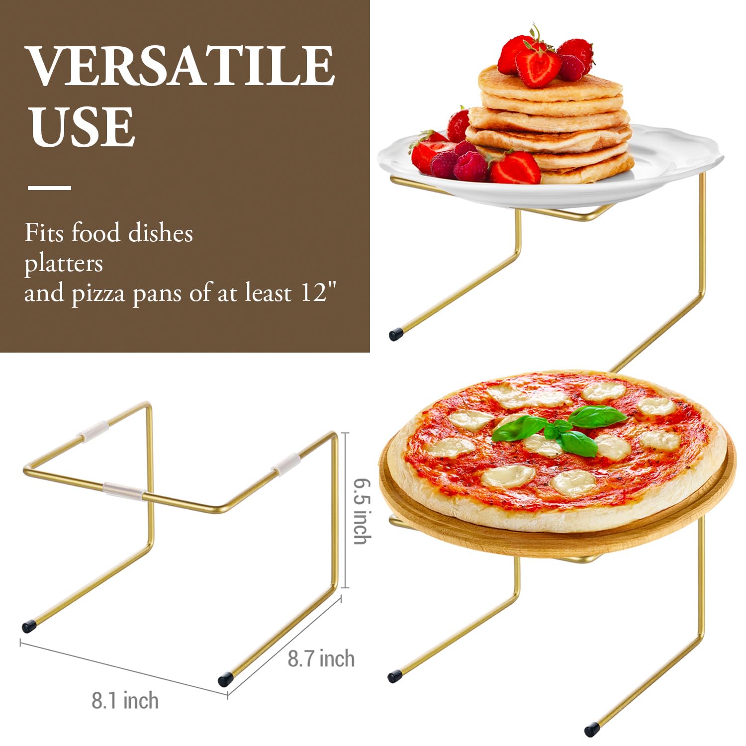 MyGift Brass Metal Pizza Table Stands, Tabletop Pizza Pan Riser Food Platter Tray and Display Rack, Set of 4