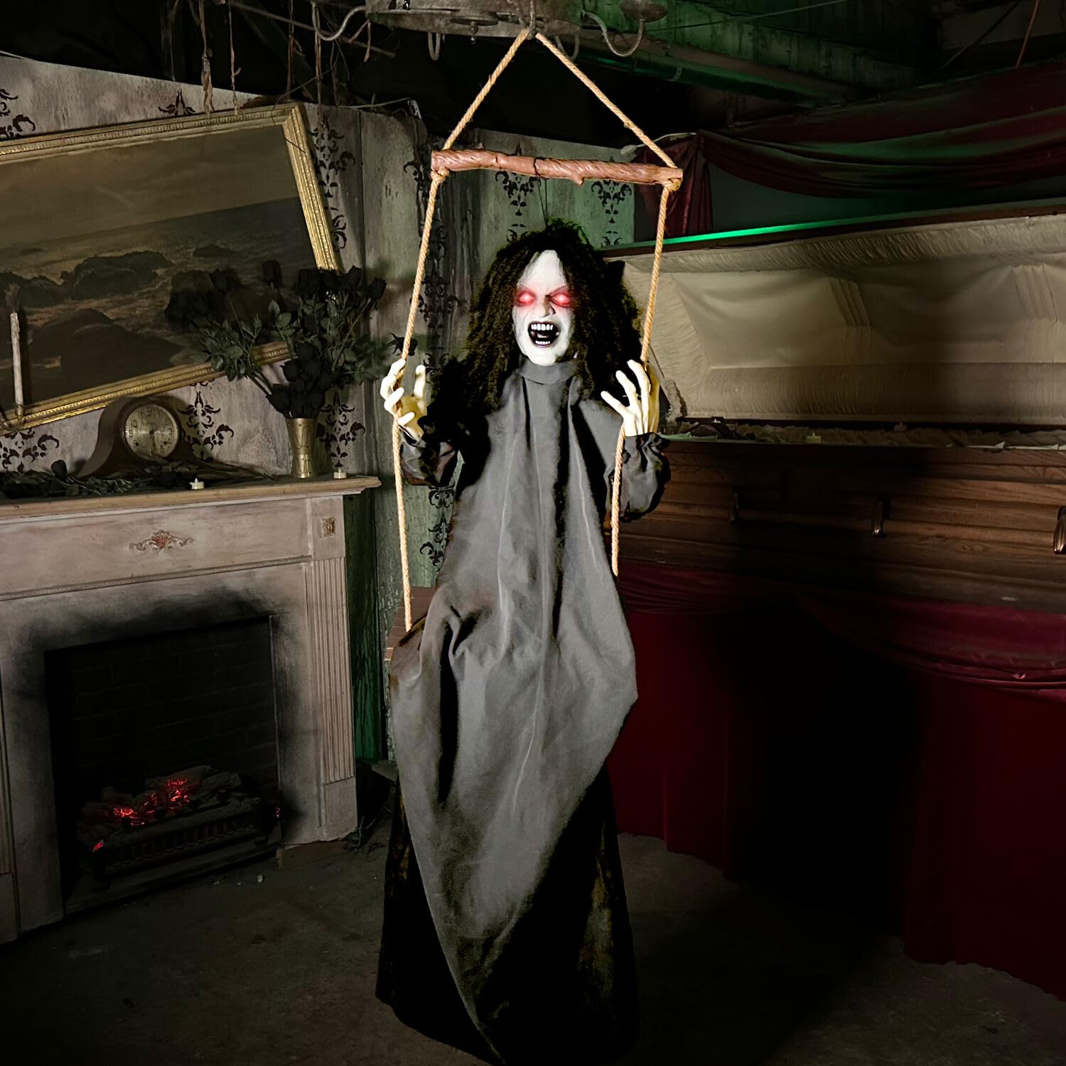 Haunted Hill Farm Animatronic Scary Talking Demon Woman on Swing with Touch Activated Lights and Sound, Battery-Operated Indoor