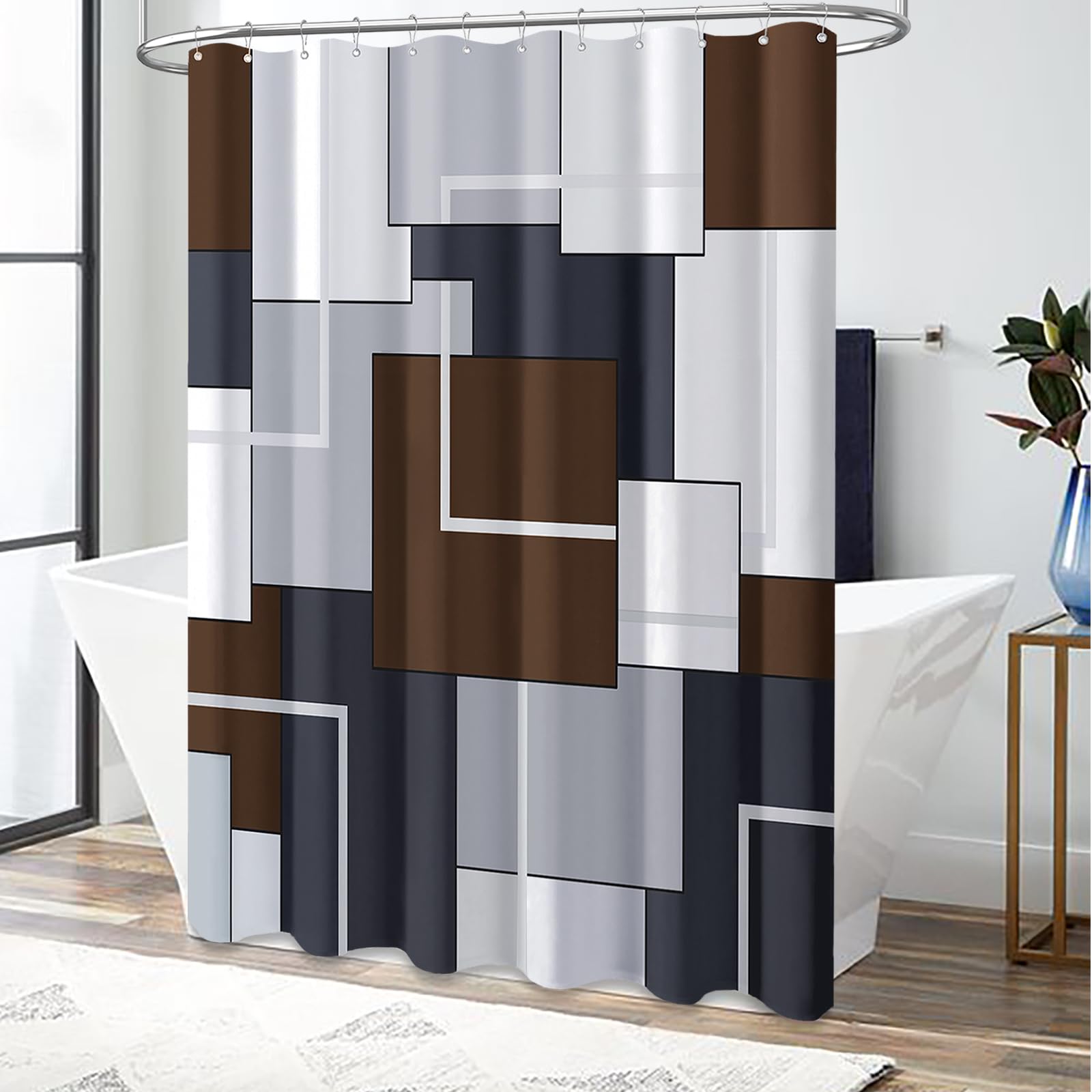 BTTN Brown Fabric Shower Curtain - Geometric Shower Curtain Set with 12 Plastic Hooks  Water Repellent  Machine Washable  Modern Decorative Polyester Cloth Shower Curtains for Bathroom - 72x72