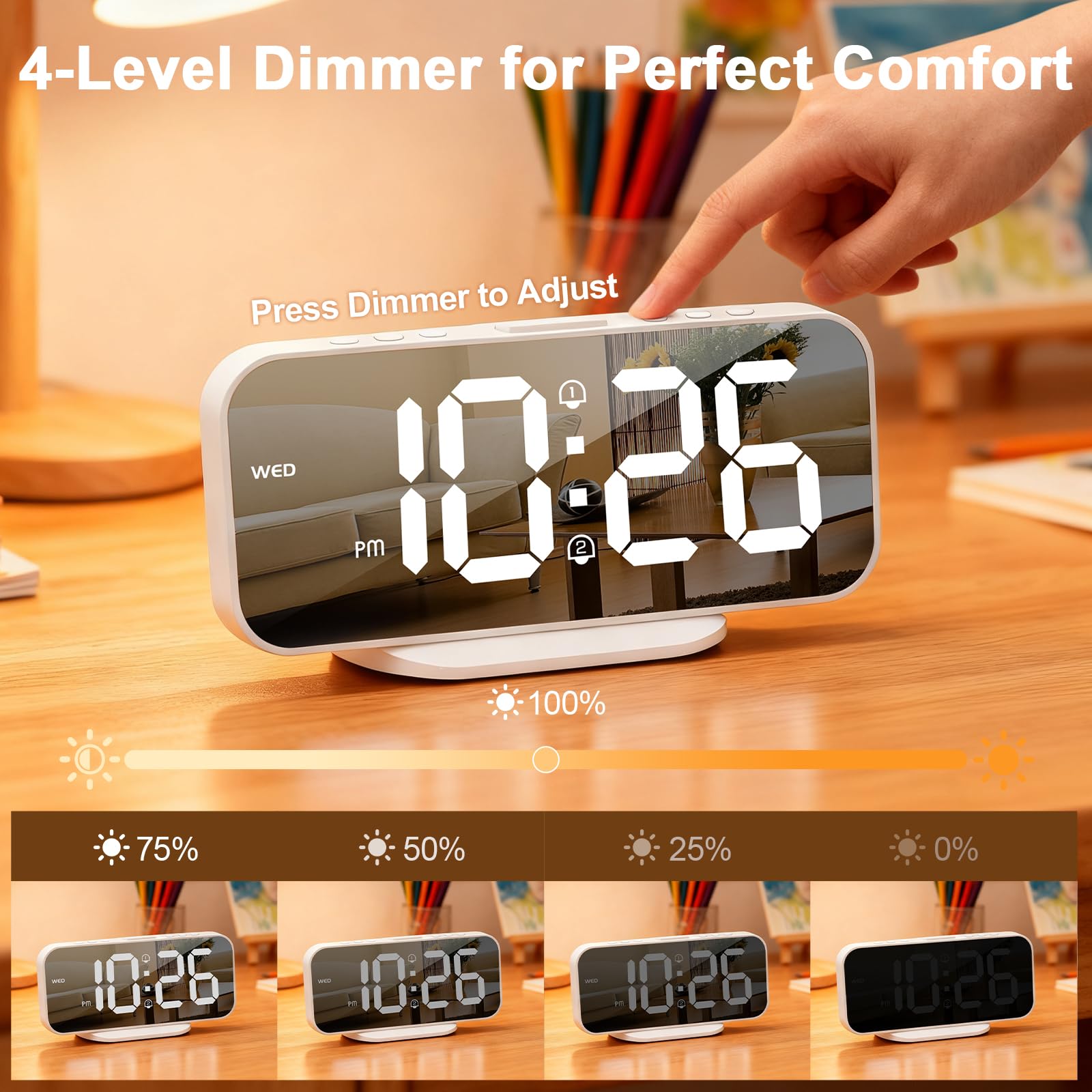 ALANAS Slim Digital Alarm Clock for Bedrooms, Dual Alarms with Snooze, Big LED Mirror Display, 4-Level Dimmer & 2 USB Ports, Bat