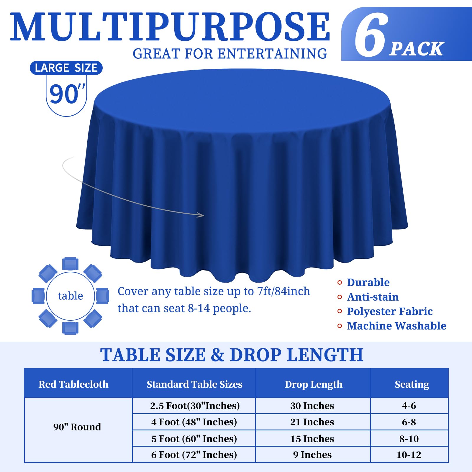 Showgeous 6 Pack Royal Blue Round Tablecloth 90 Inch Round Table Cloth Washable Polyester Tablecloths For Round Tables Decorativ