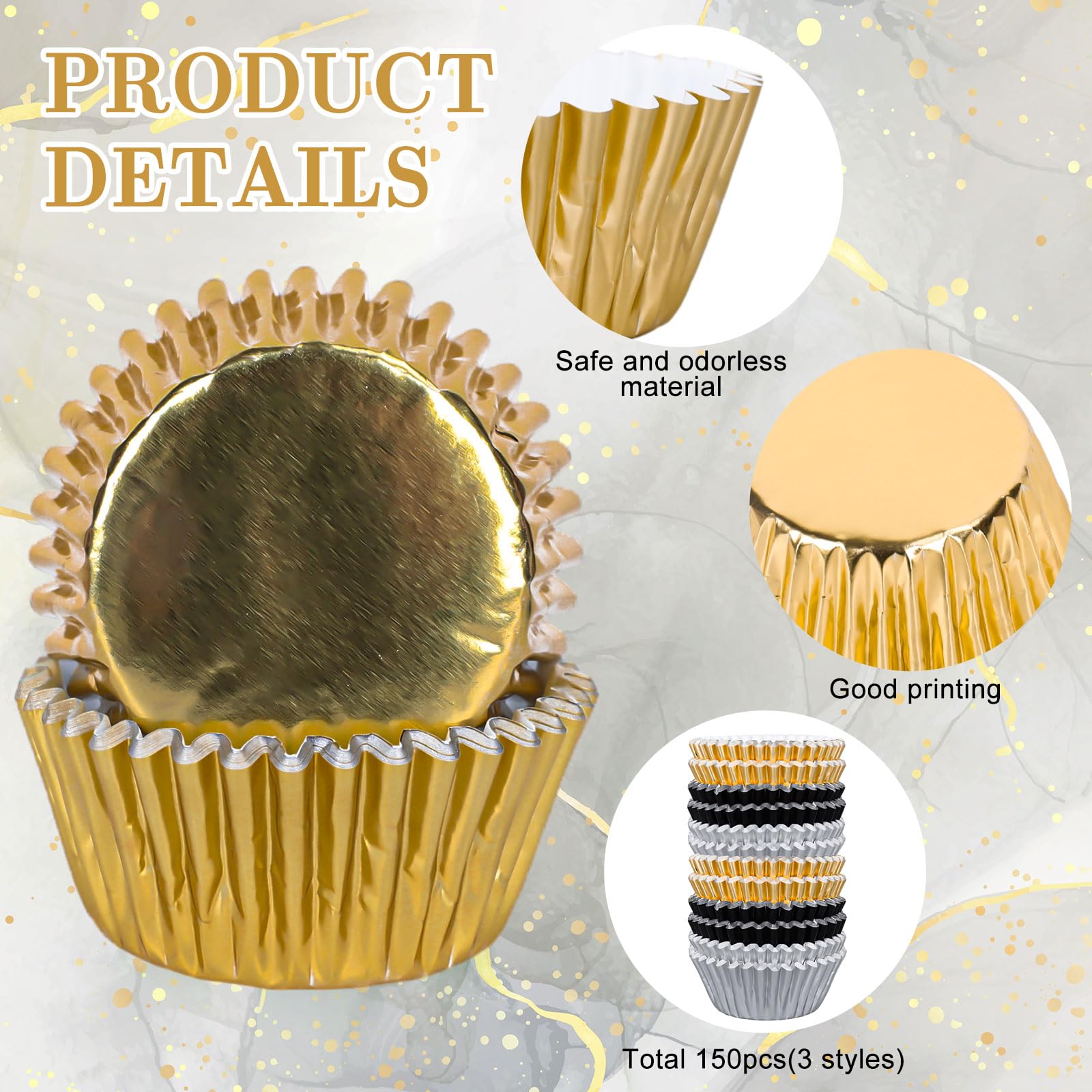 Whaline 150Pcs Graduation Cupcake Liners Congrats Grad Foil Baking Cups Black Silver Gold Foil Metallic Cupcake Wrappers For Col