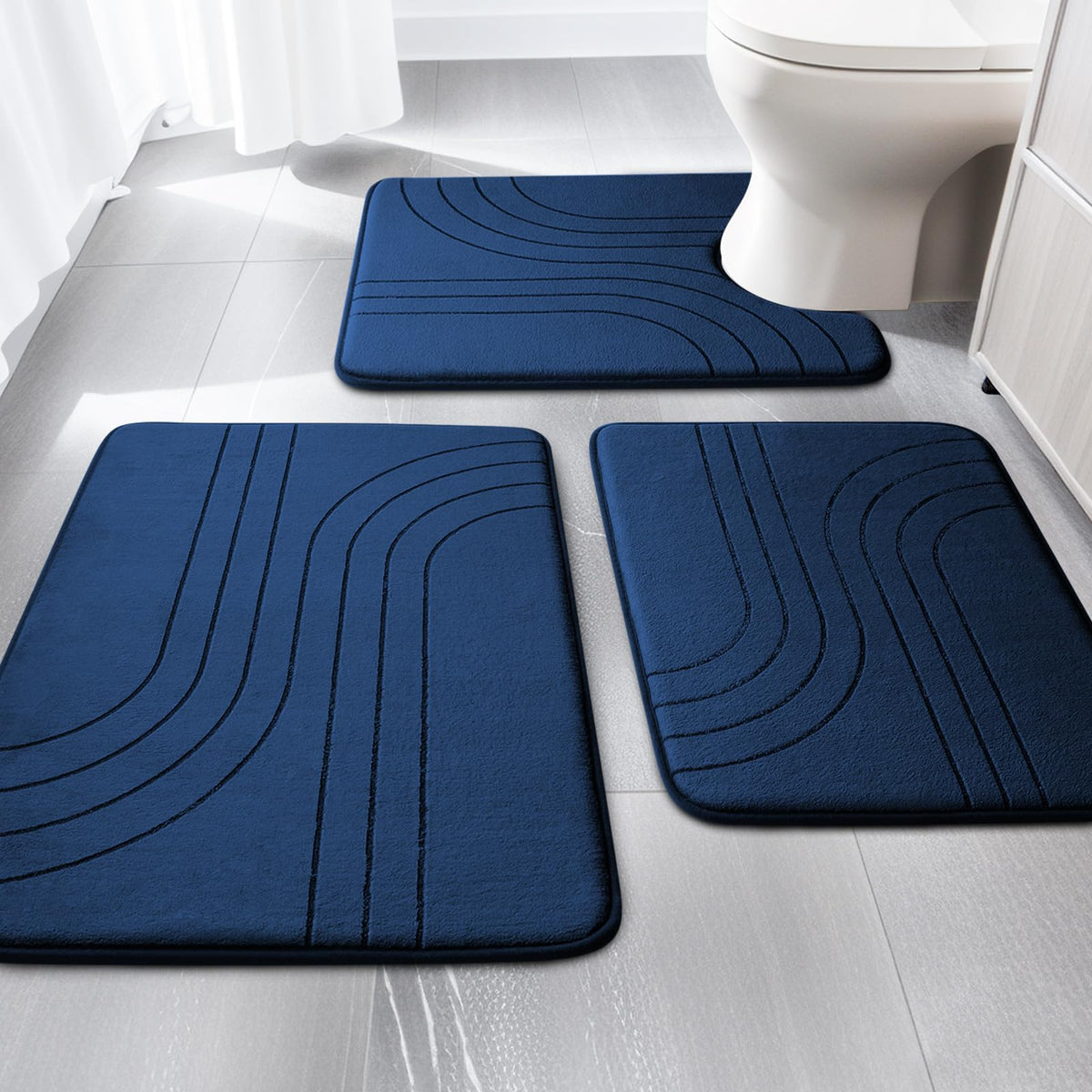 Yihouse 3 Piece Navy Blue Bathroom Rug Set, Soft Non Slip Bathroom Mat Sets 3 Piece, Extra Thick Memory Foam Bath Mats For Bathr