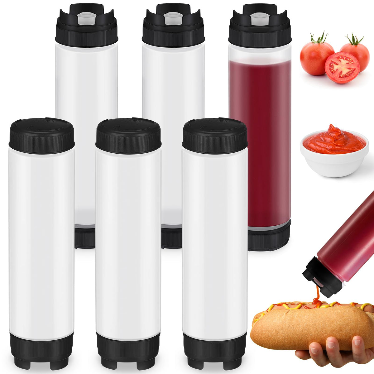 Sabary 6 Pcs 16 Oz Condiment Squeeze Bottles Inverted Plastic Squeeze Bottle For Sauces Refillable Tip Large Valve Dispenser Ket