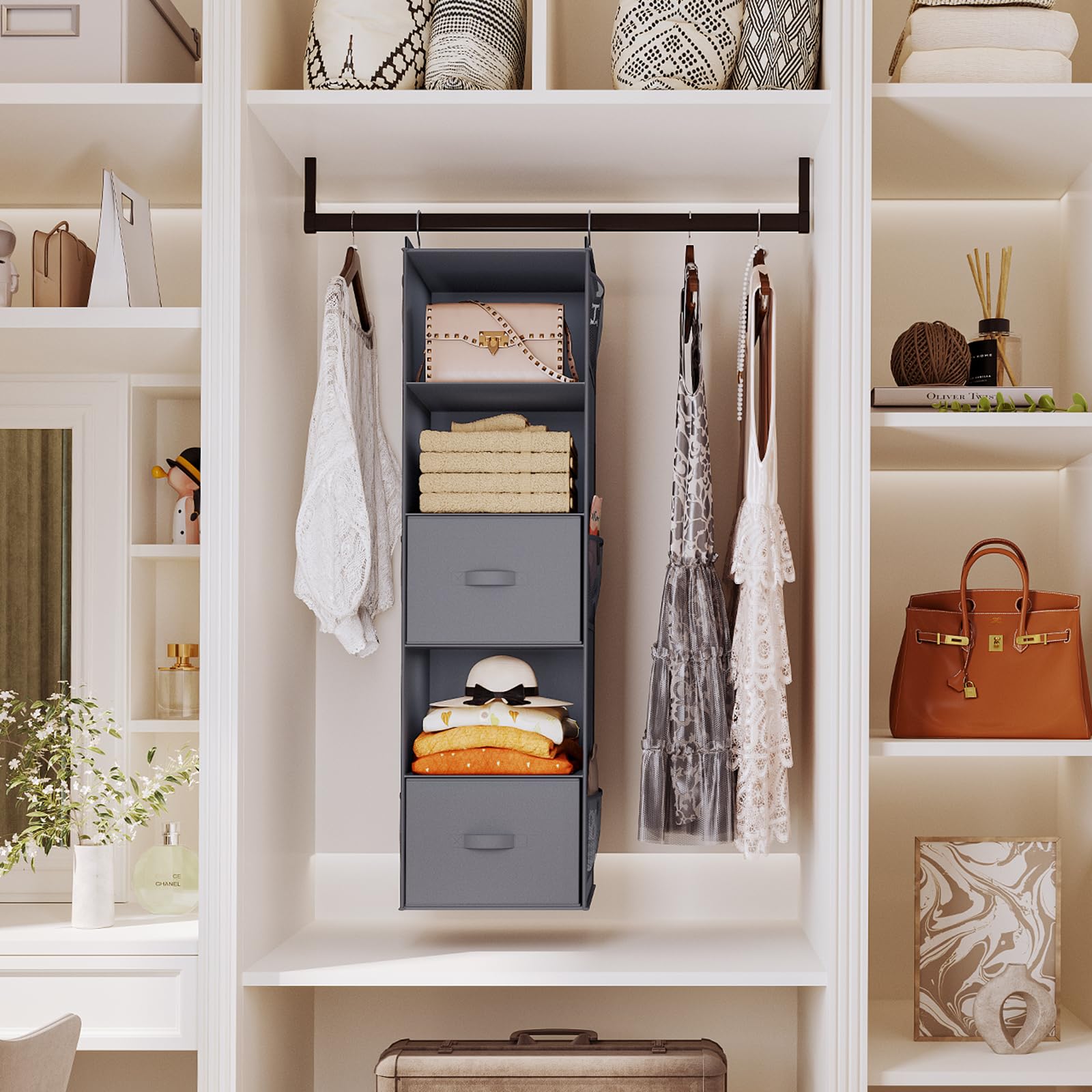 Youdenova Hanging Closet Organizer, 5 Tier Hanging Closet Shelves With Drawers And 6 Side Pockets, Grey