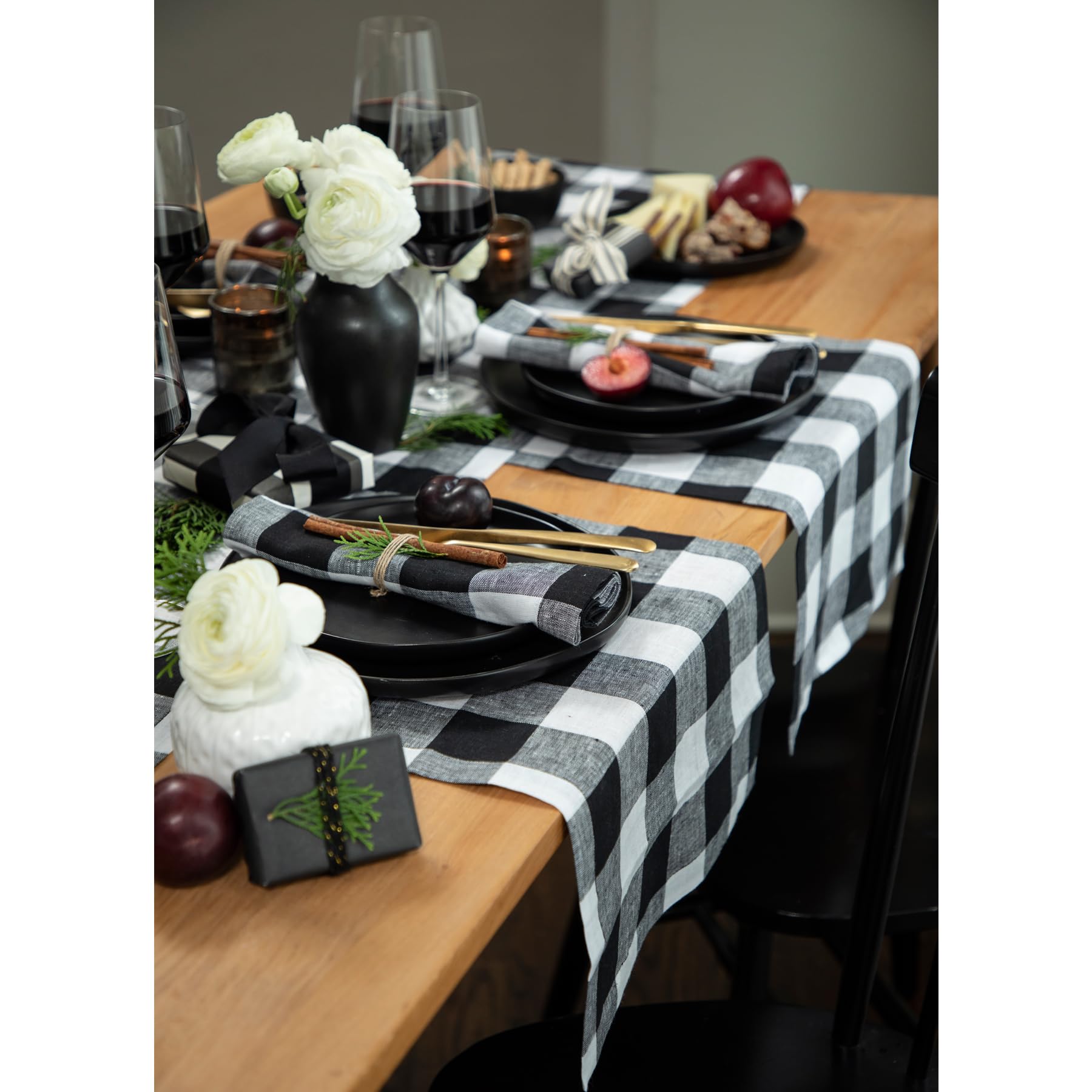 Solino Home Buffalo Check Linen Placemats 19'' L X 14'' W Inch - 100% Pure Linen Black And White Plaid Cloth Placemats Set Of 4