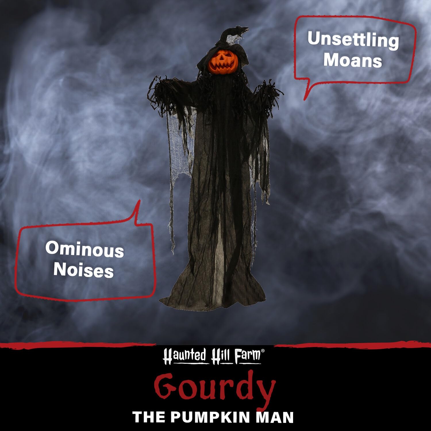 Haunted Hill Farm Life-Size Scary Poseable Pumpkin Witch, Halloween Prop with Touch Activated Lights and Sound, Battery Operated