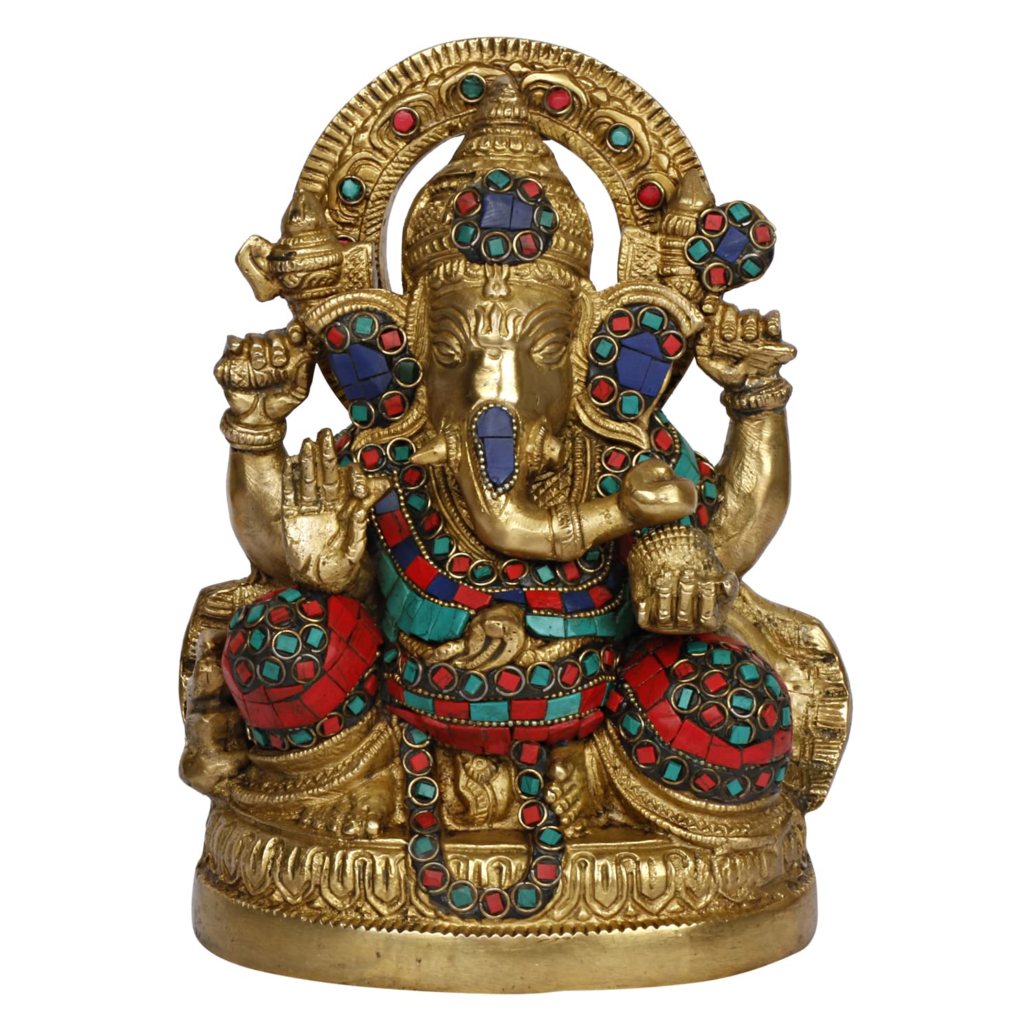 Kartique Brass Ganesha Statue With Multicolor Accents, Murti Of Lord Ganesh, 8.5 Inches Height, Colorful Spiritual Decor For Hom