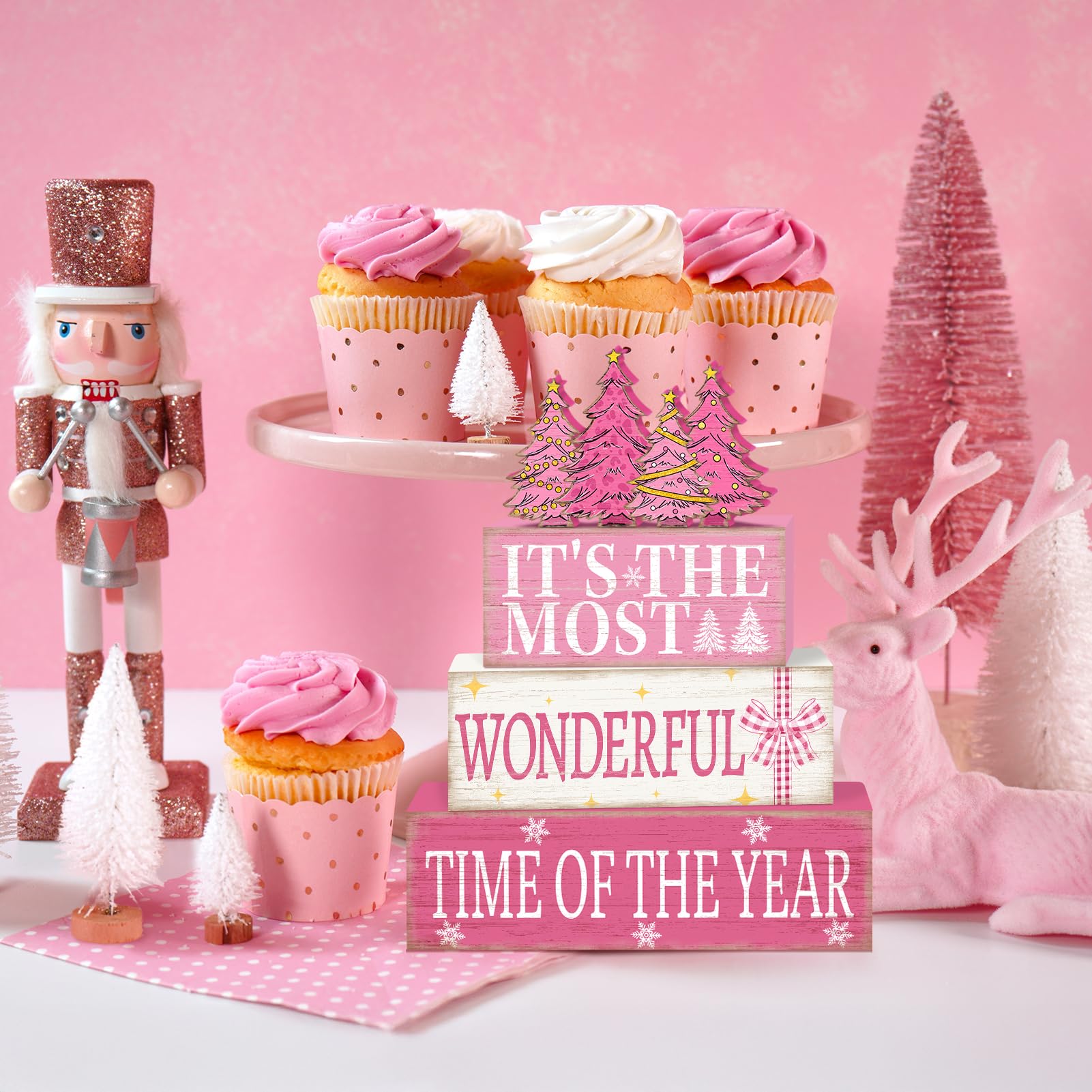 Britimes 4 Pcs Pink Christmas Table Decor Wooden Tiered Tray Sign, Farmhouse Rustic Holiday Decorative Book Stack Block Wonderfu