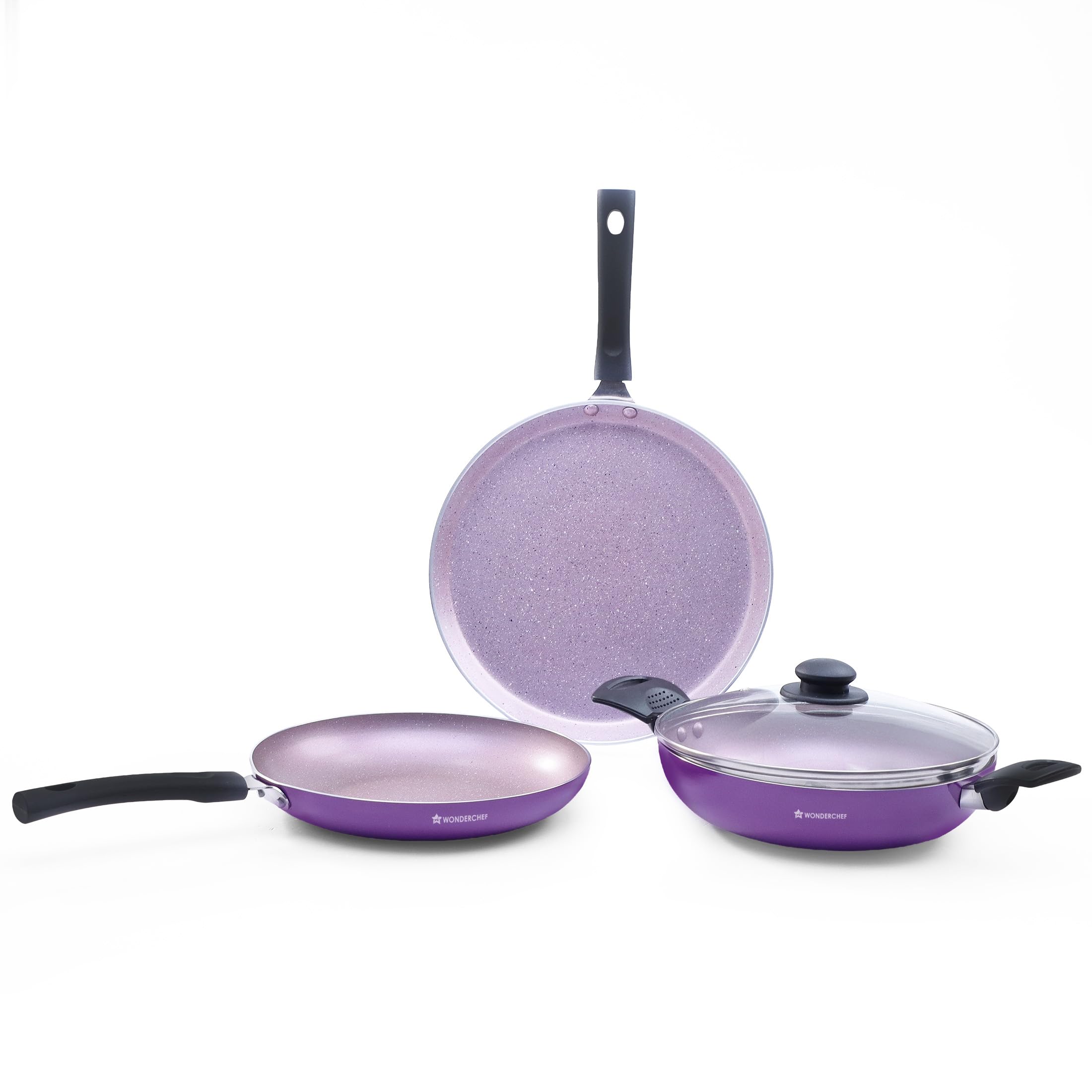 Wonderchef Valencia Non-Stick 4 Pc Cookware Set For Kitchen, Fry Pan 24Cm, Kadhai With Glass Lid 24Cm, Dosa Tawa 28Cm, Non-Toxic
