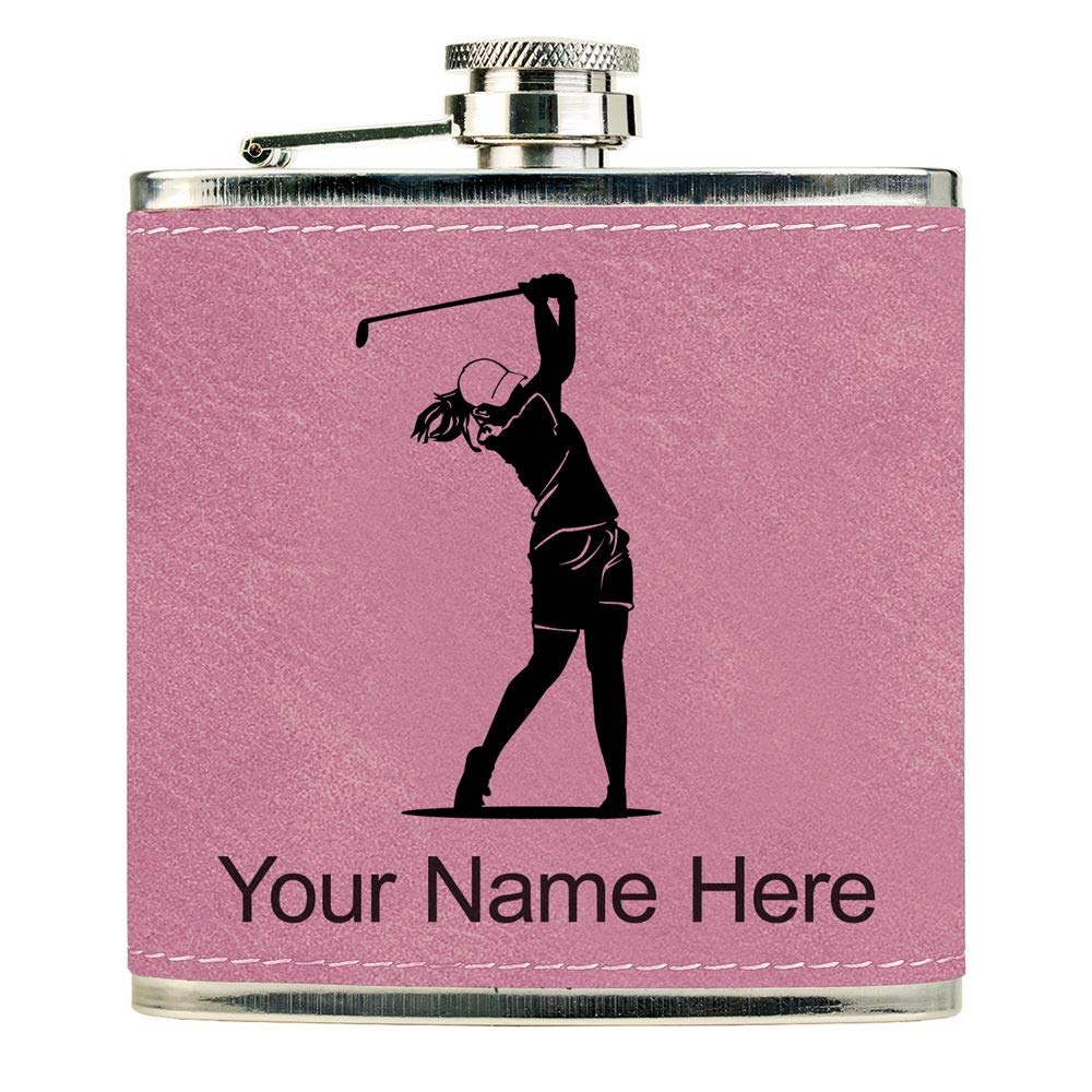 LaserGram Faux Leather Flask, Golfer Woman, Personalized Engraving Included (Pink)