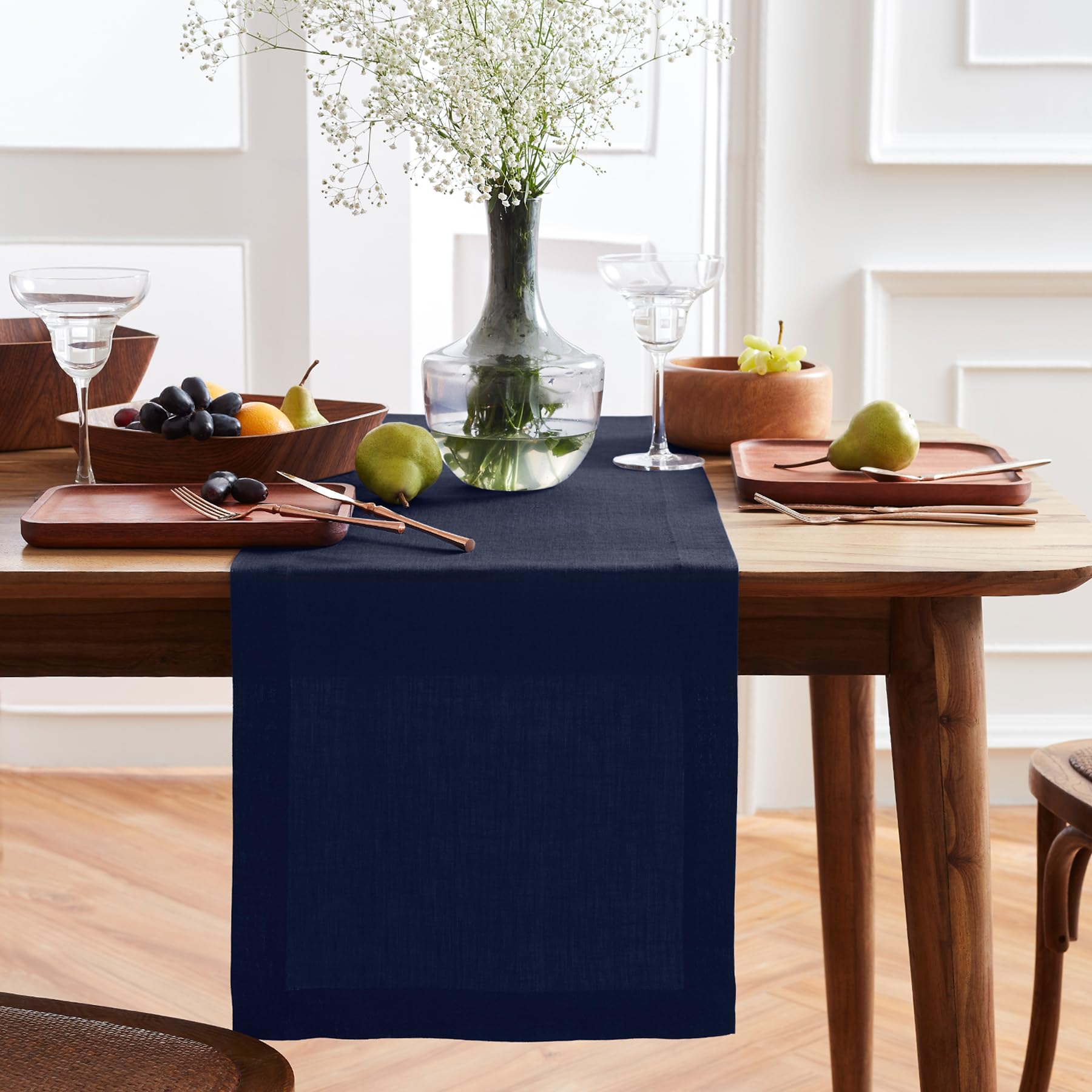 Solino Home Linen Indigo Navy Table Runner 90 Inches Long - Sonoma, 100% Pure Linen Prewashed Dining Table Runner 14 X 90 Inch I
